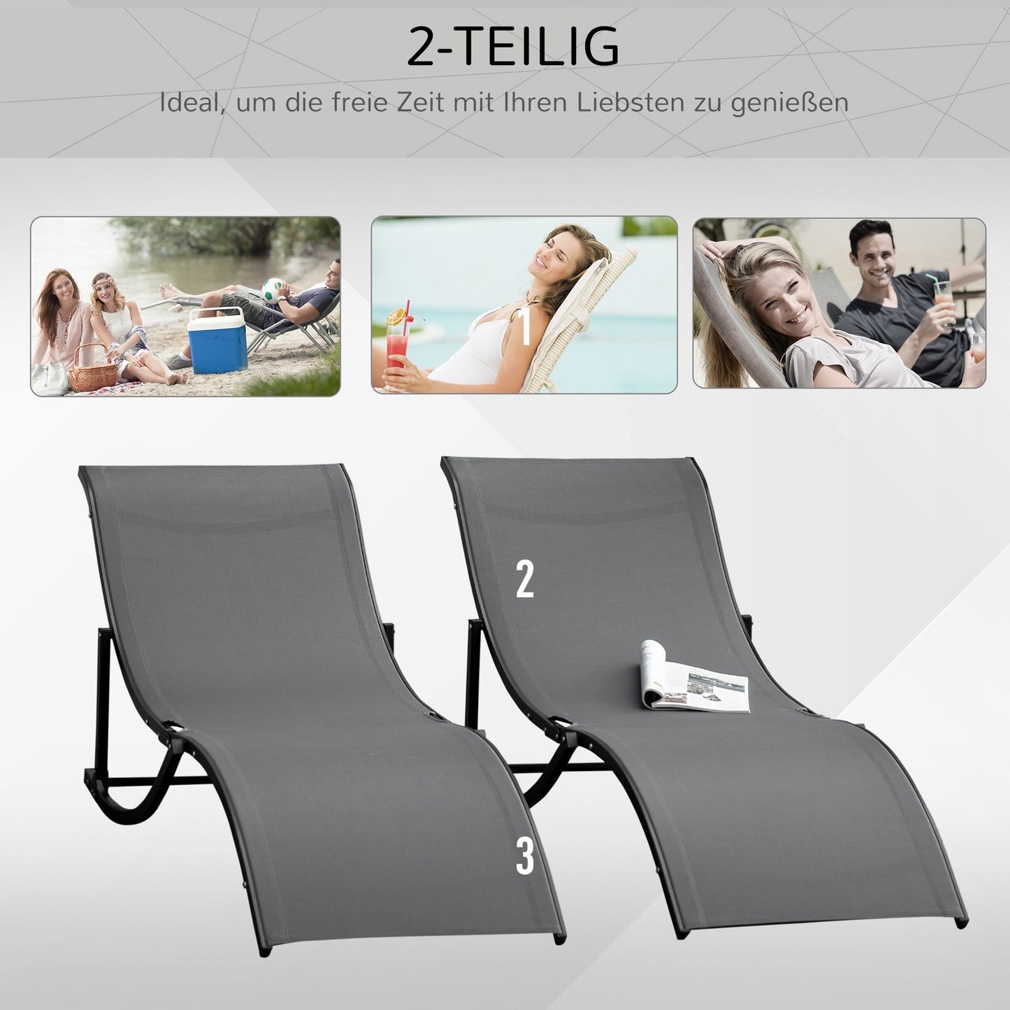 Set of 2 ergonomic sun loungers, dark gray textile