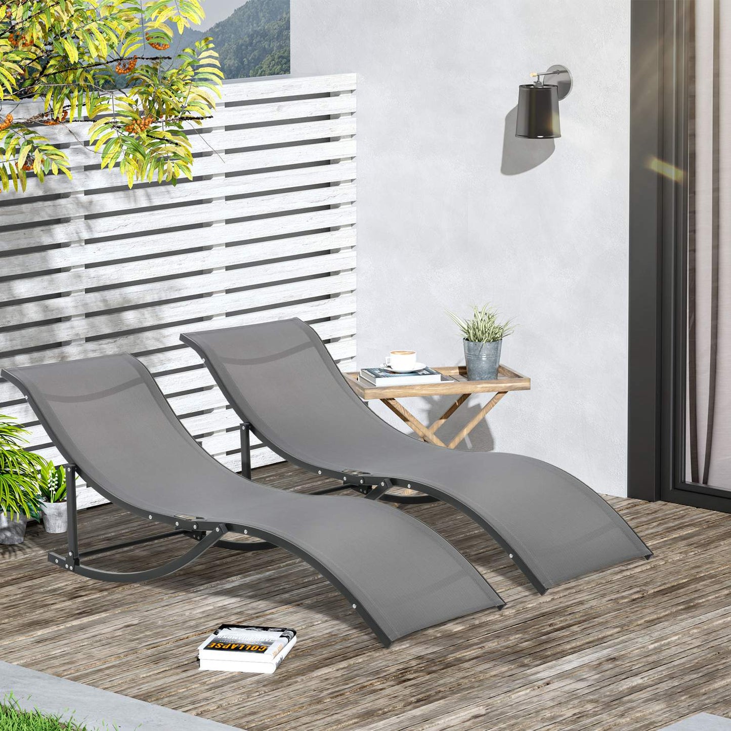 Set of 2 ergonomic sun loungers, dark gray textile