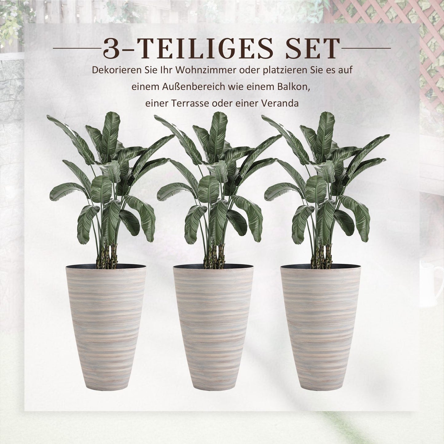 Set of 3 cream-white flower pots in robust plastic