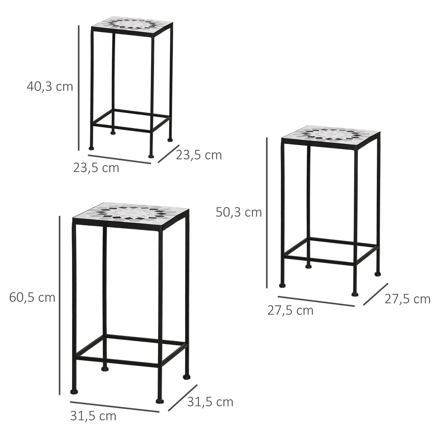 Set of 3 plant stands in black and gray metal with ceramic tops