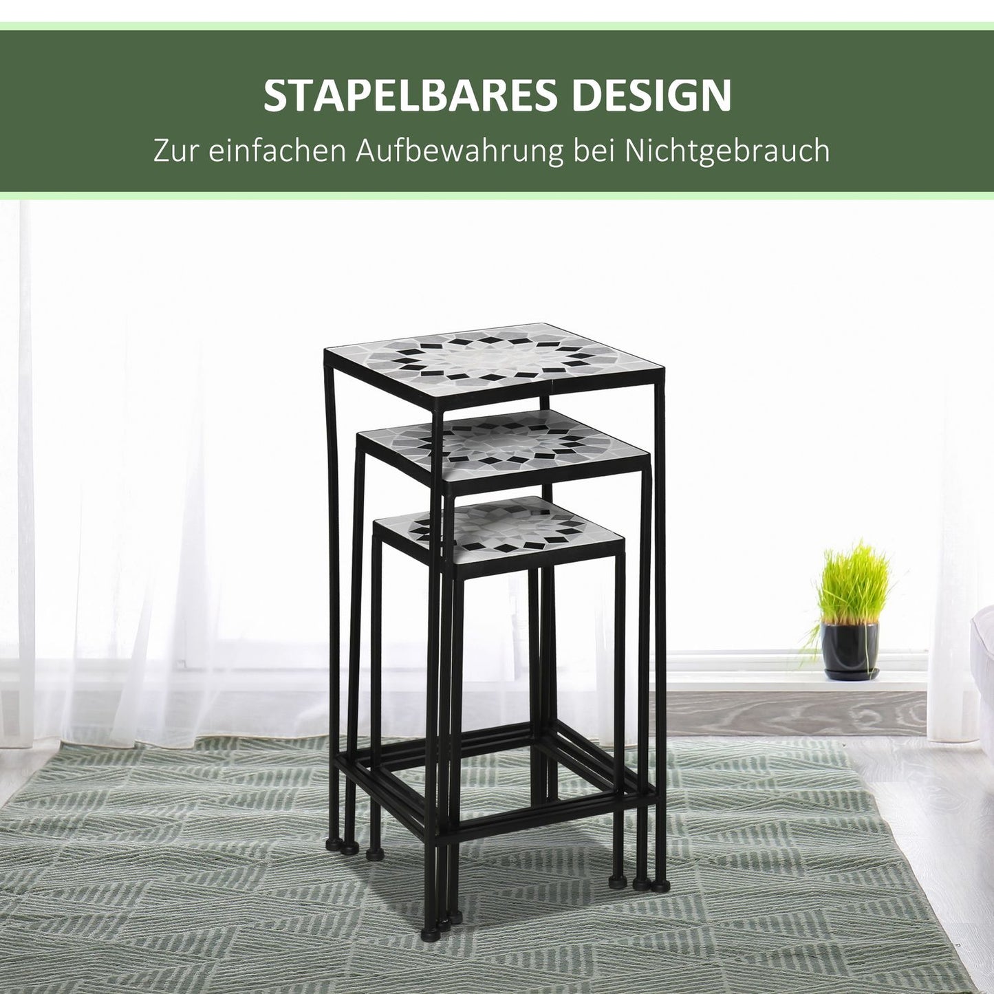 Set of 3 plant stands in black and gray metal with ceramic tops