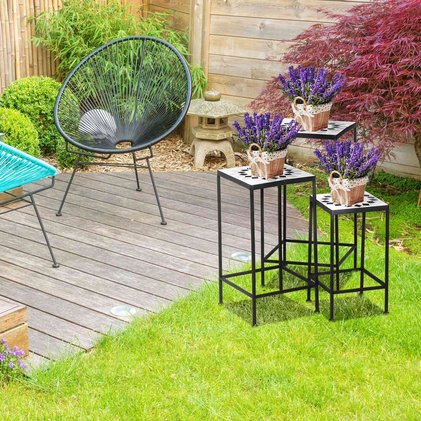 Set of 3 plant stands in black and gray metal with ceramic tops