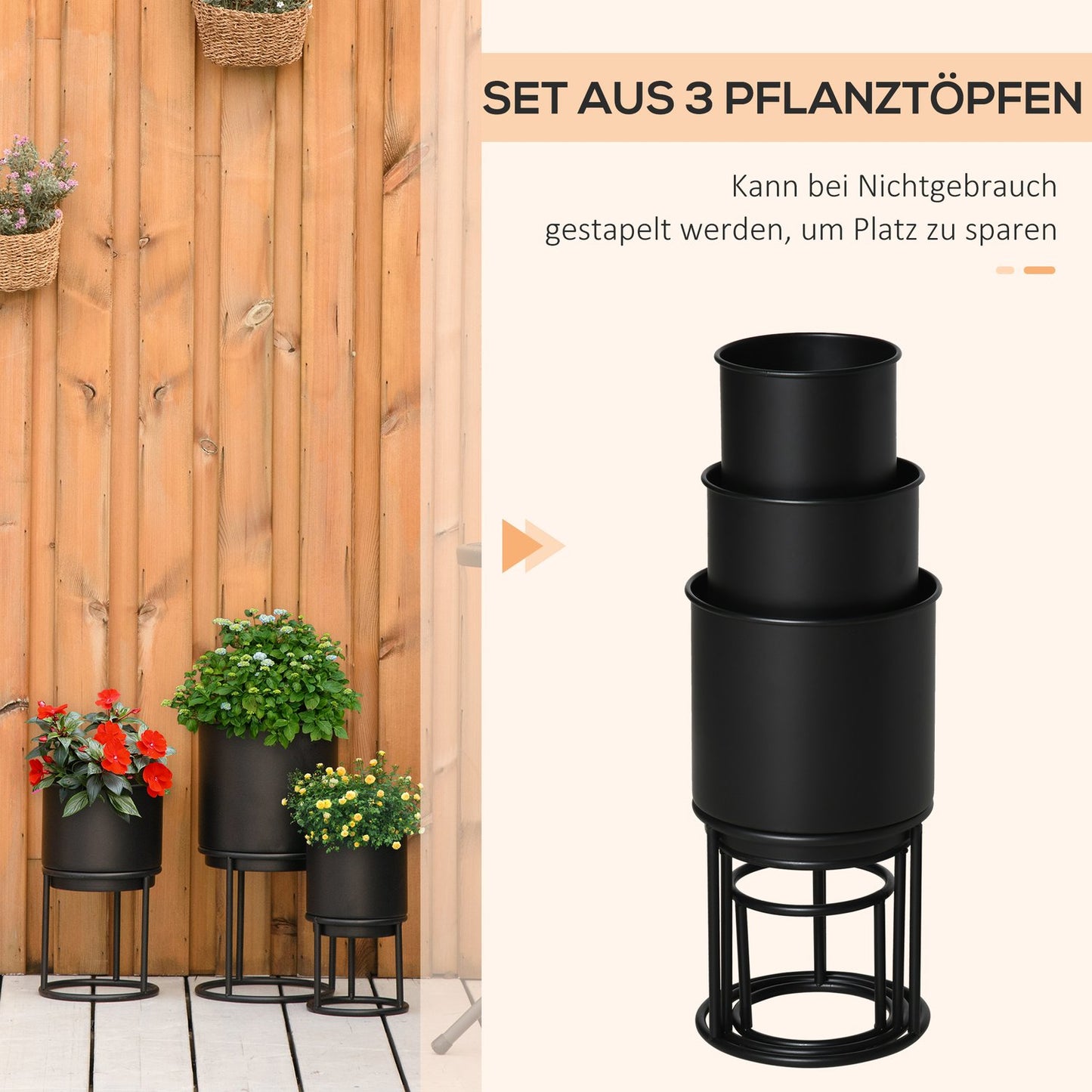 Set of 3 black stackable flower stands with pots