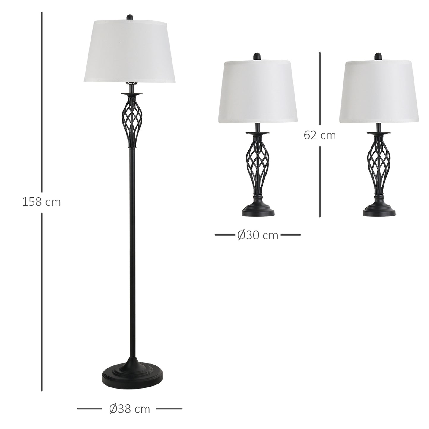 Vintage black & white lamp set - 2 tables, 1 floor lamp