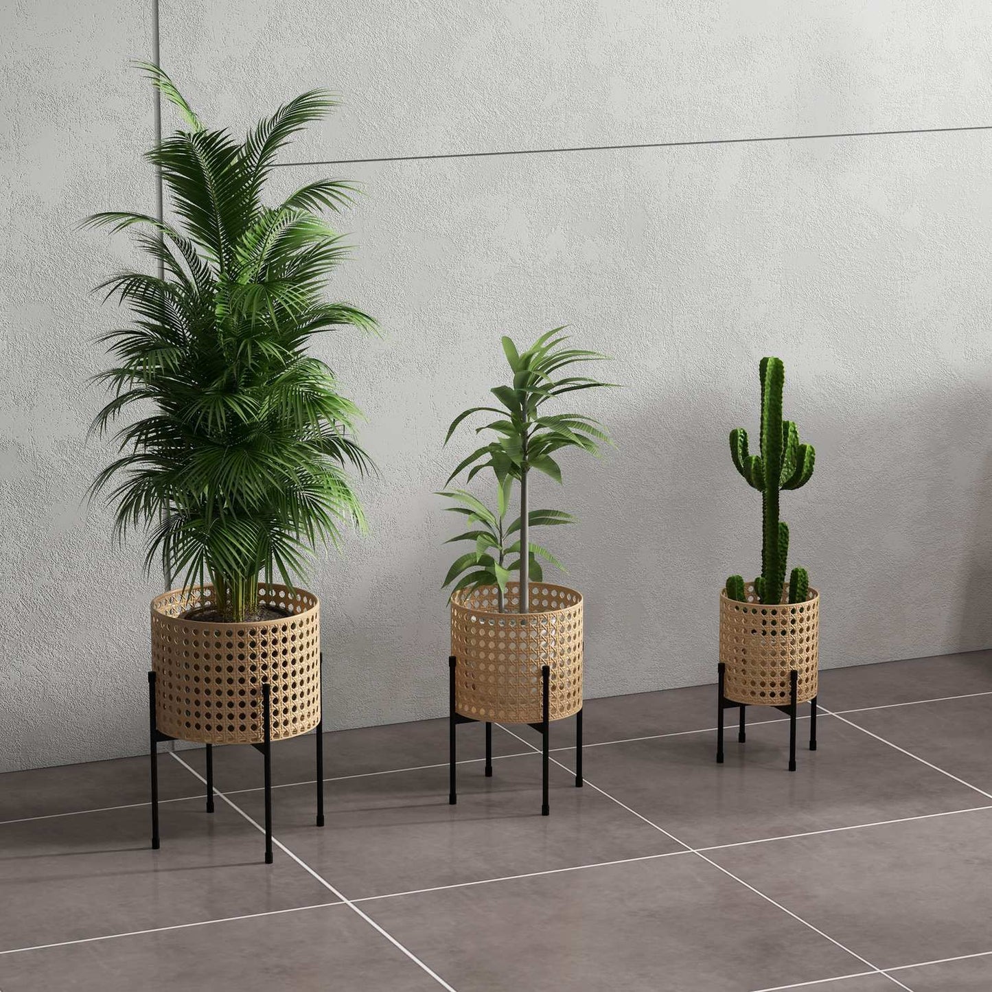 Gold Rattan-Look Plant Stand Set, indoor/outdoor, 3-piece