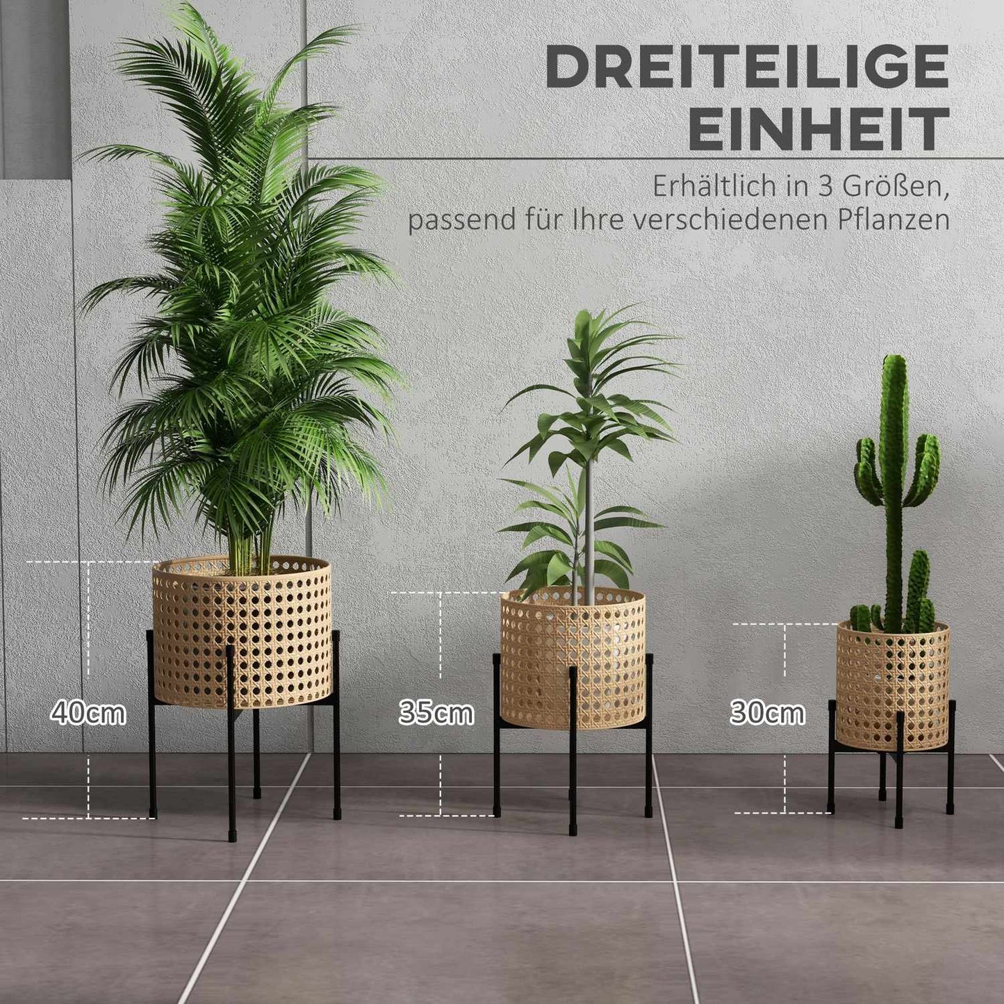 Gold Rattan-Look Plant Stand Set, indoor/outdoor, 3-piece
