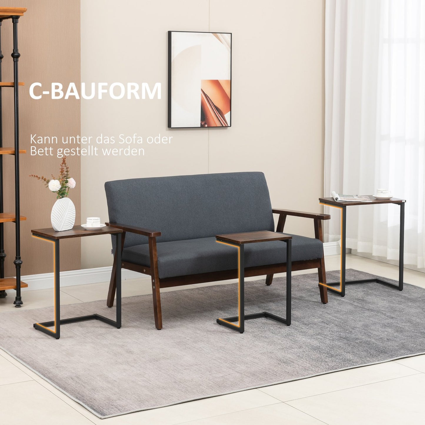 Set of 3 C-shaped side tables, industrial steel, rustic brown