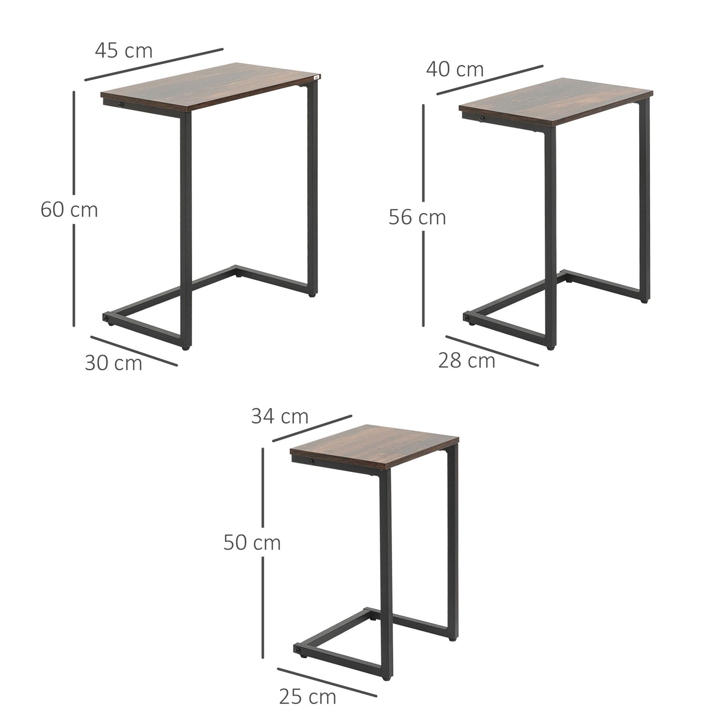 Set of 3 C-shaped side tables, industrial steel, rustic brown