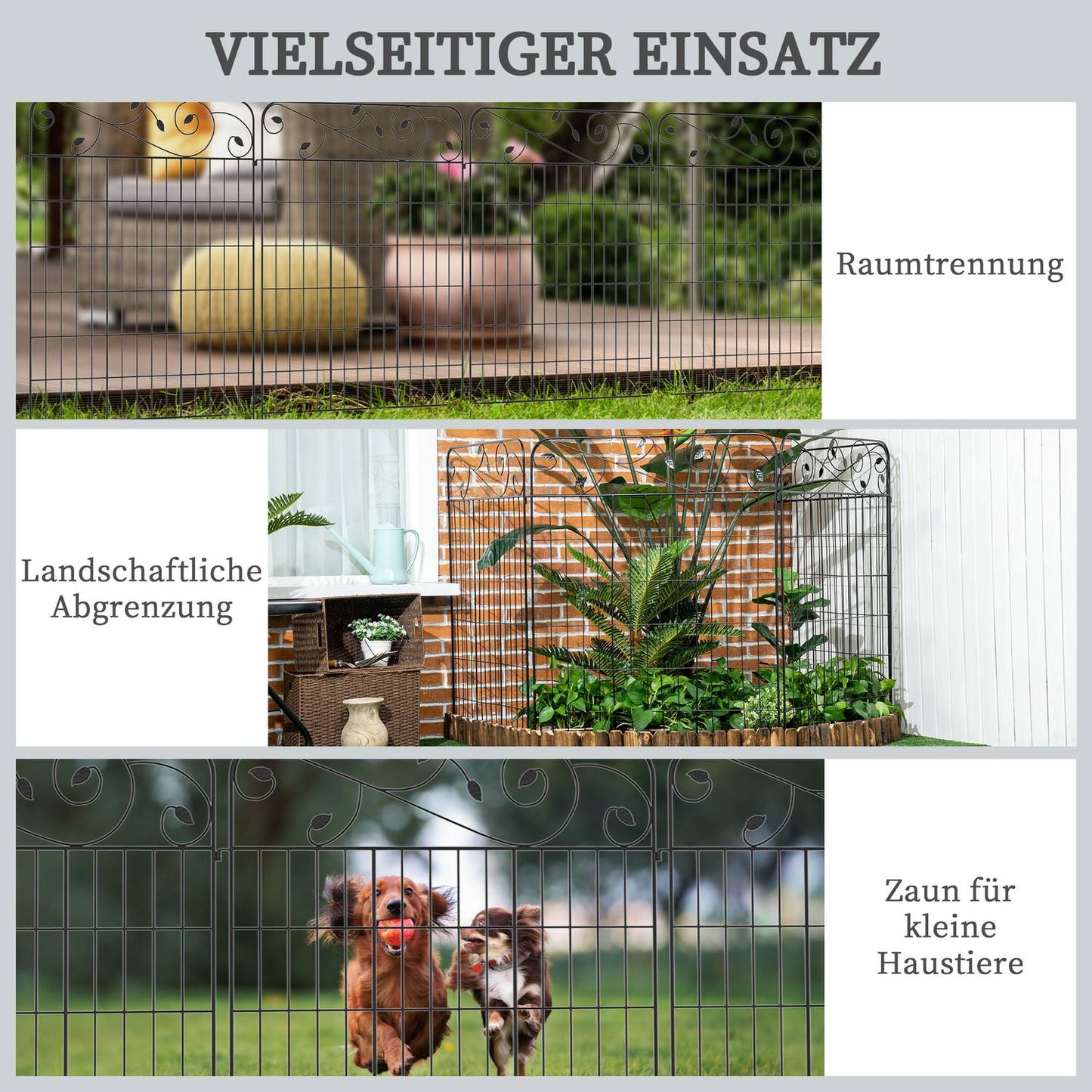 Decorative garden fence in black metal, 3.52 x 1.1 m, 4-pack