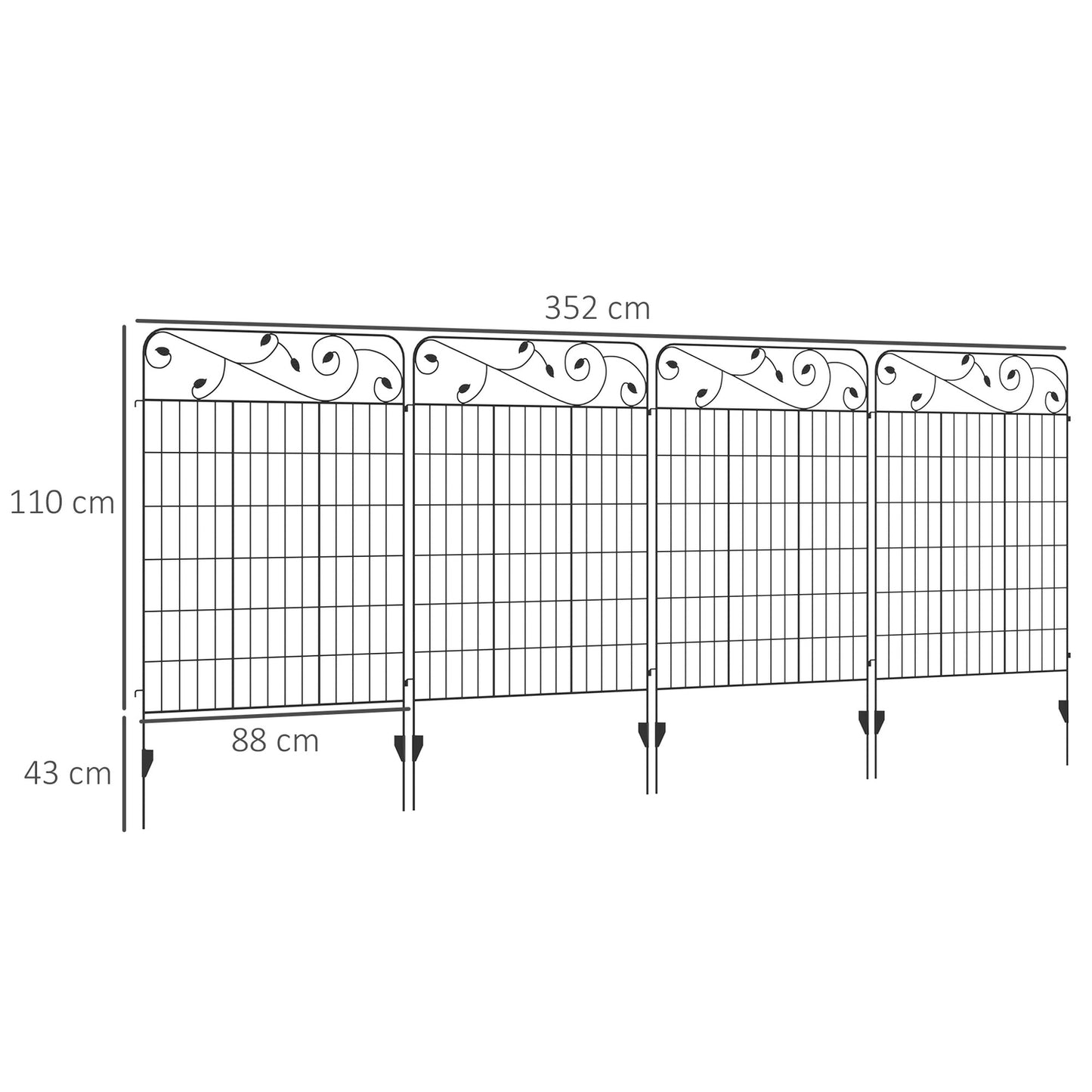 Decorative garden fence in black metal, 3.52 x 1.1 m, 4-pack