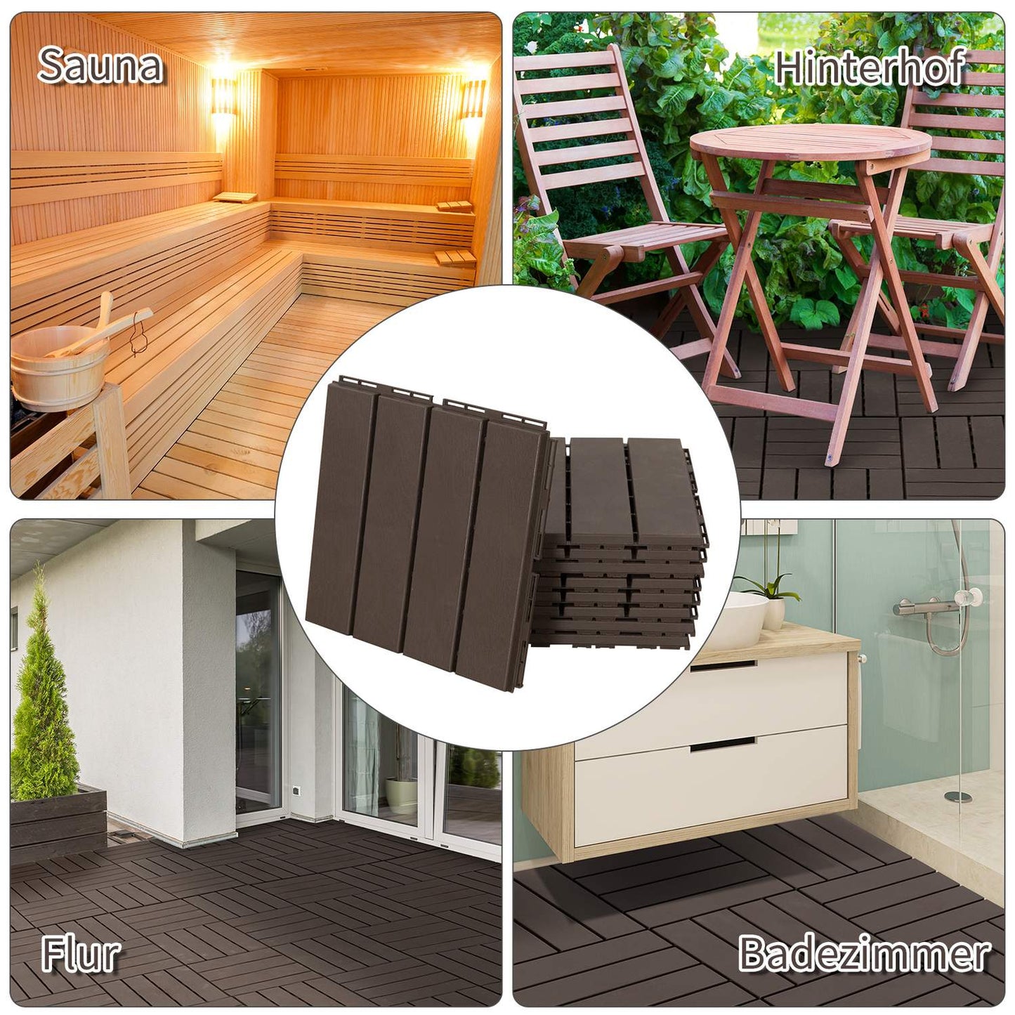Garden terrace Click Floor tiles, Set of 9, 30x30 cm Brown