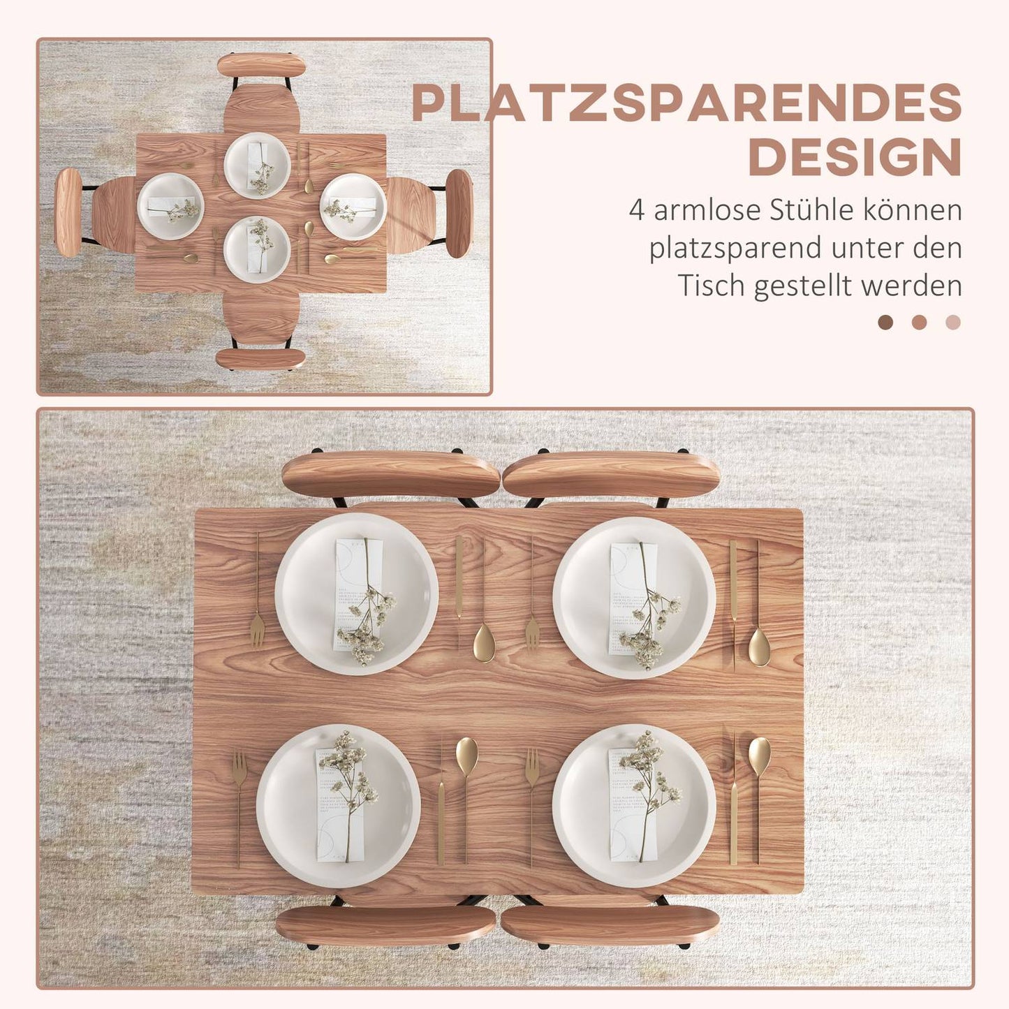 Dining table set with 4 chairs, teak and steel, modern design