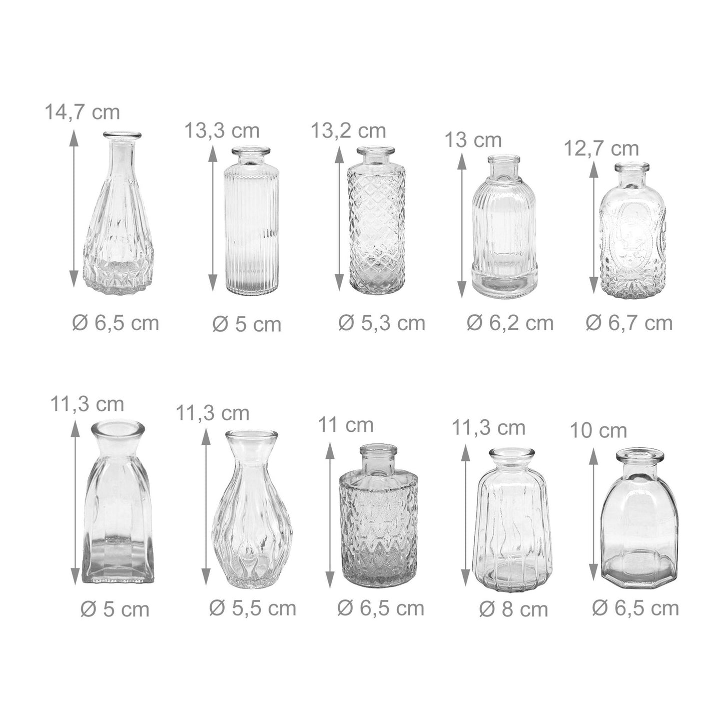 Set of 10 Textured Glass Decorative Vases