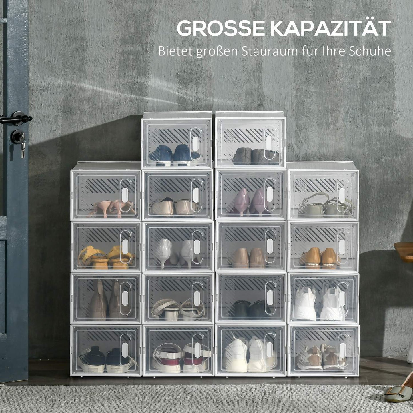Modular shoe storage boxes with clear doors, set of 18