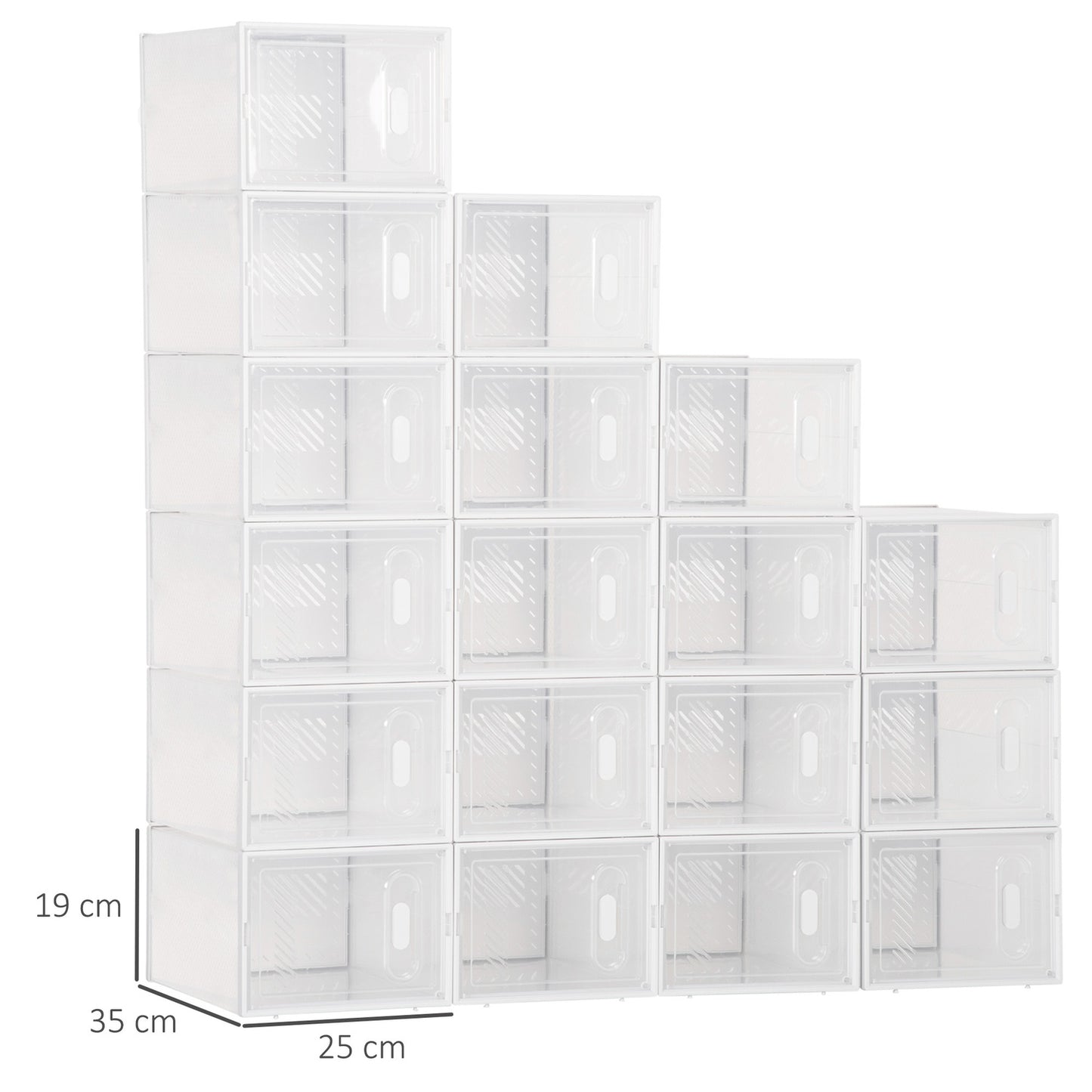 Modular shoe storage boxes with clear doors, set of 18