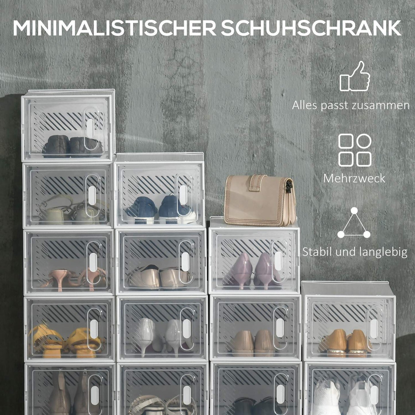 Modular shoe storage boxes with clear doors, set of 18