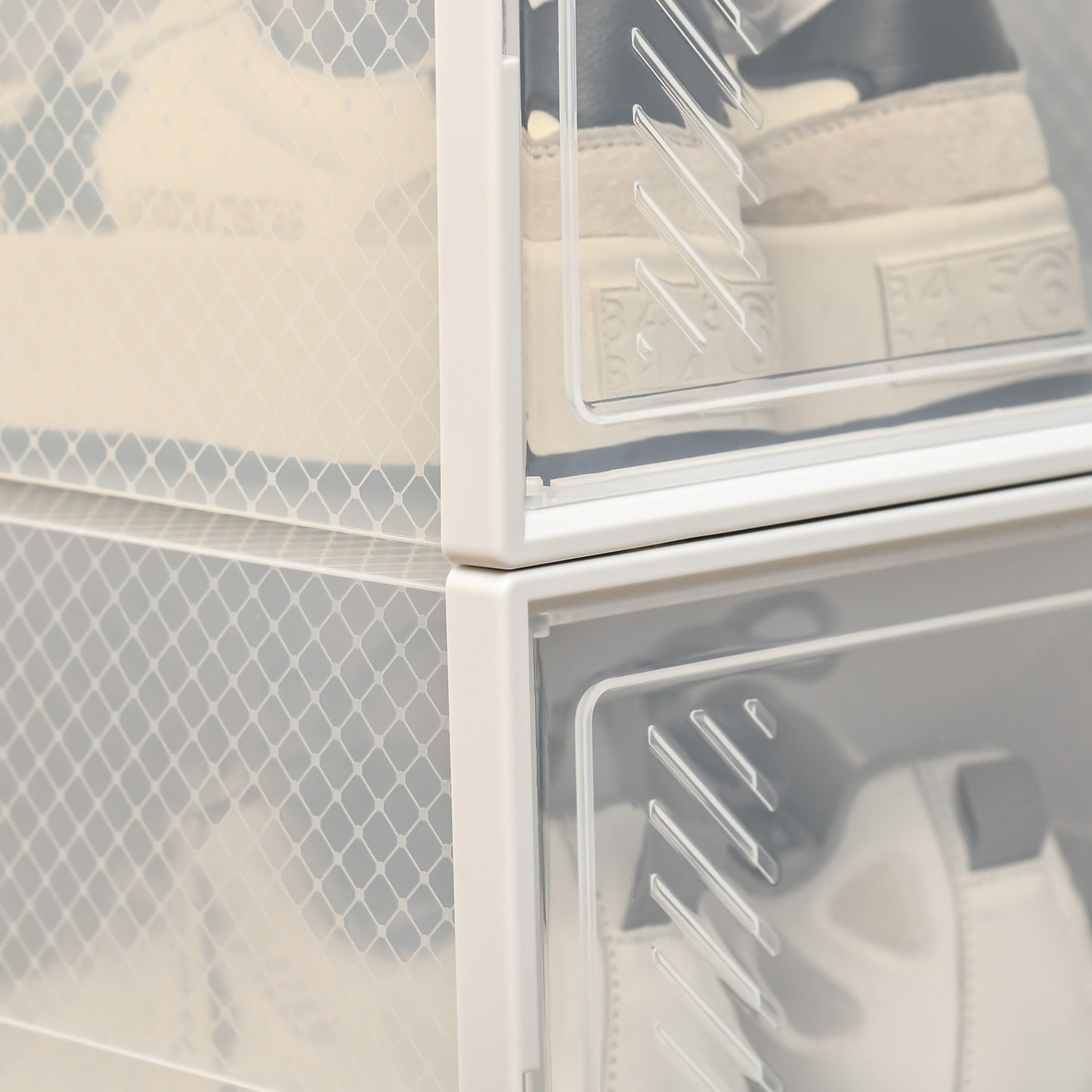 Modular shoe storage boxes with clear doors, set of 18