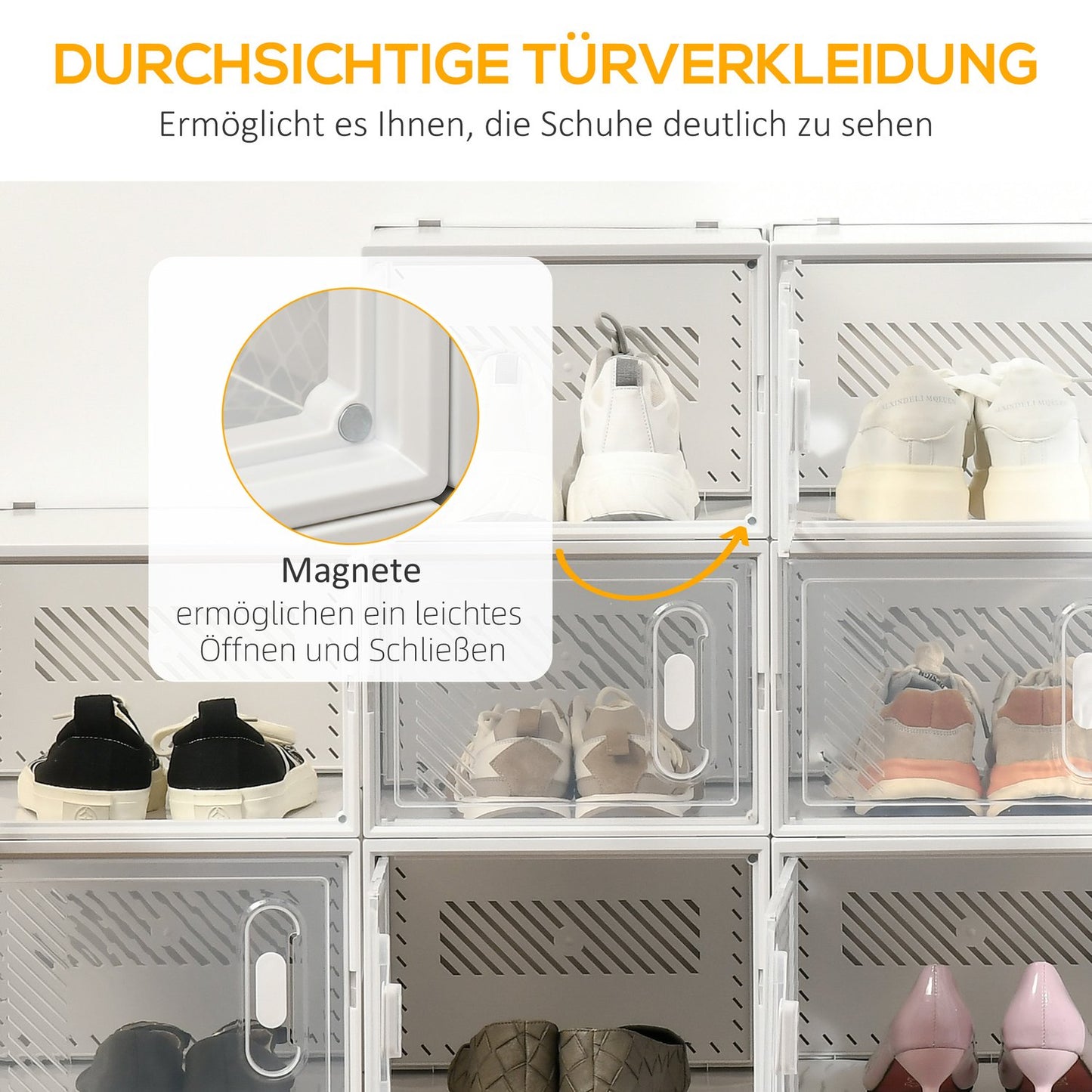 Transparent shoe boxes with magnetic doors, fit up to size 45