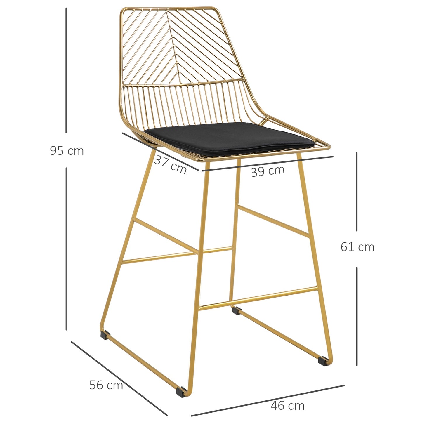 Set of 2 bar stools, gold steel legs, 46x56x95 cm