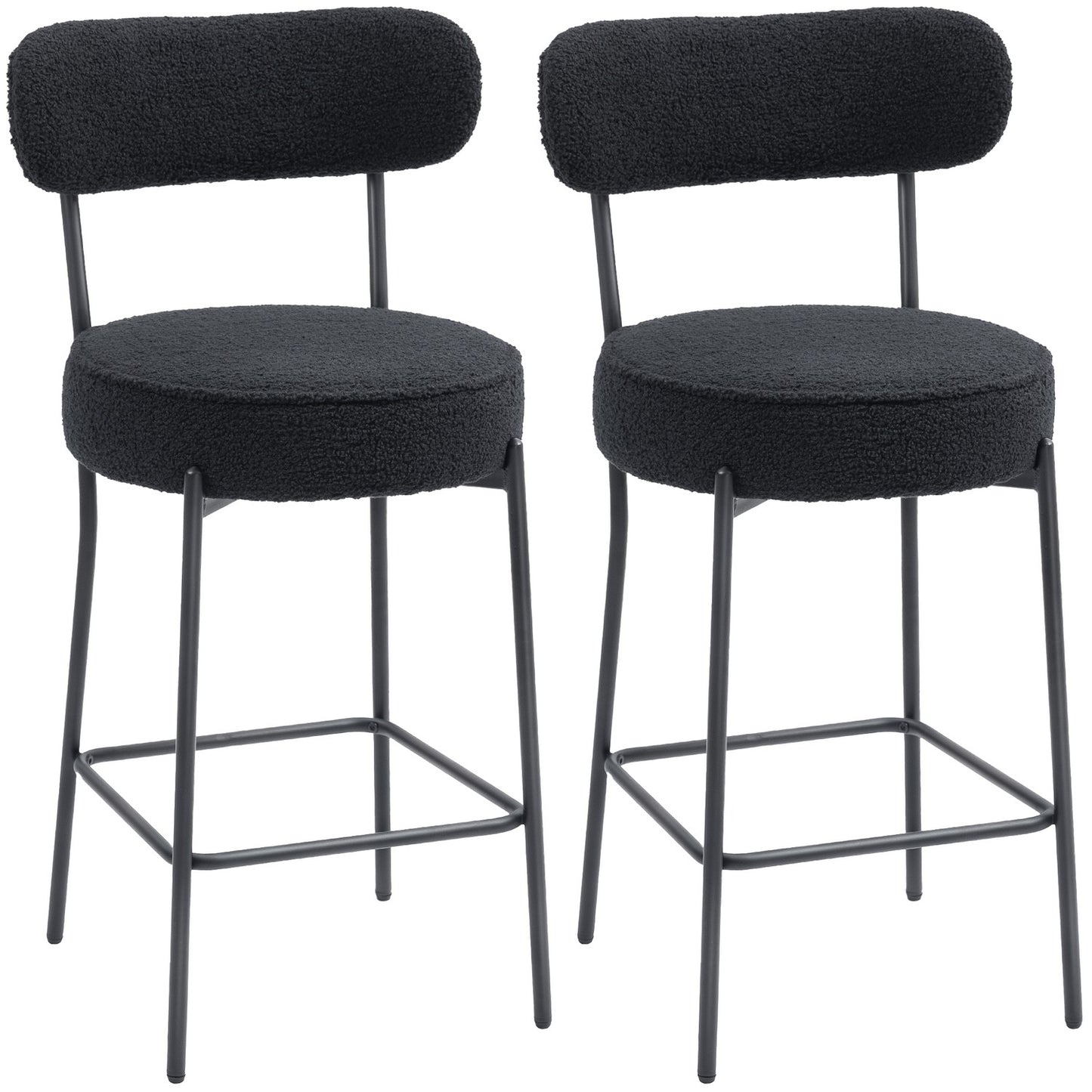 Set of 2 Bar Stools, Padded Seat, Fleece, Black