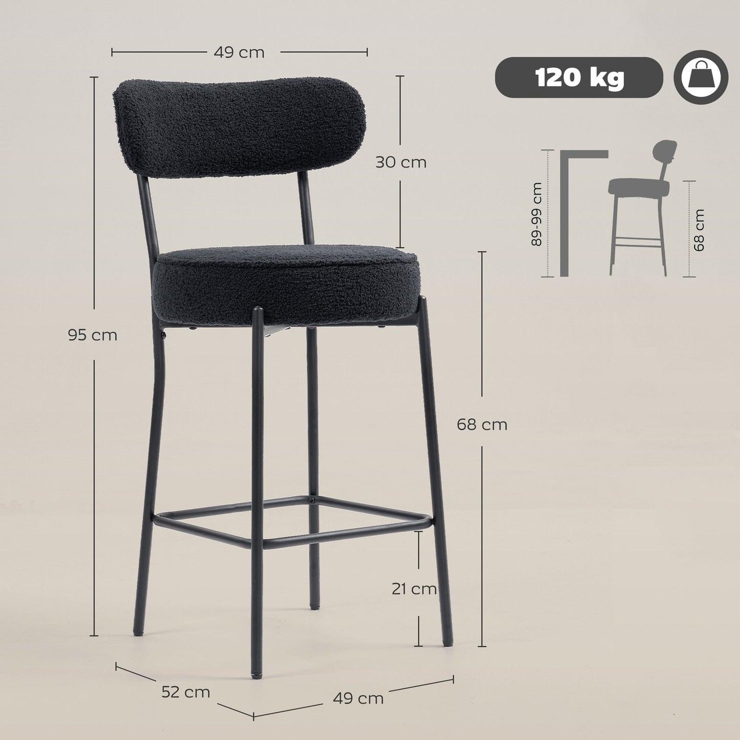 Set of 2 Bar Stools, Padded Seat, Fleece, Black