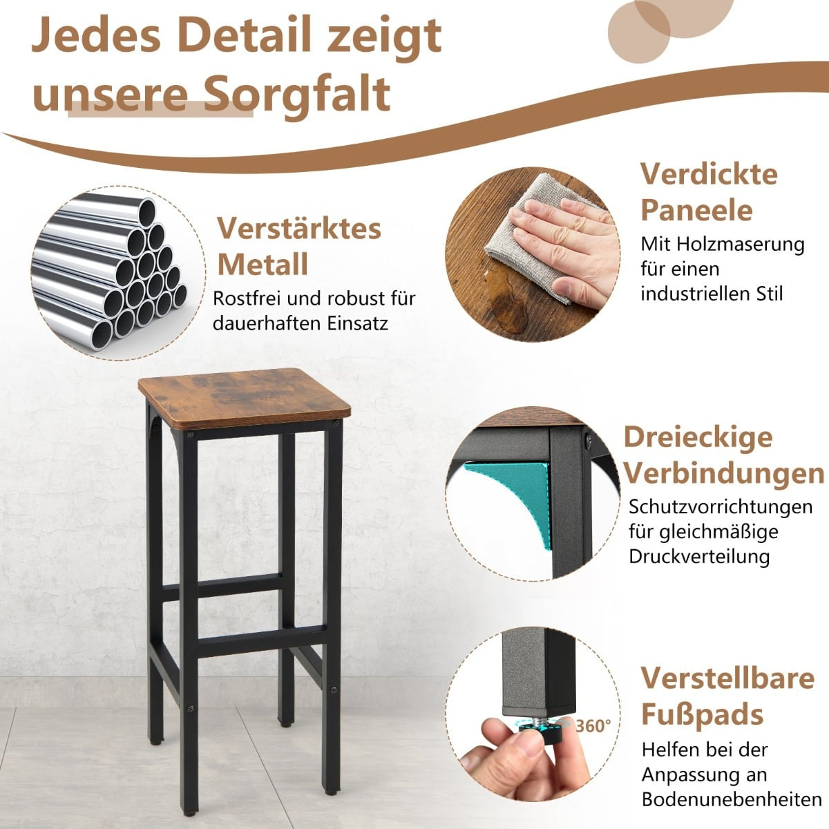 Set of 2 Bar Stools with Footrests, 150kg Capacity