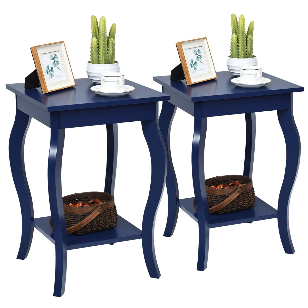 Set of 2 Blue Side Tables with 2-Tier Storage Shelves