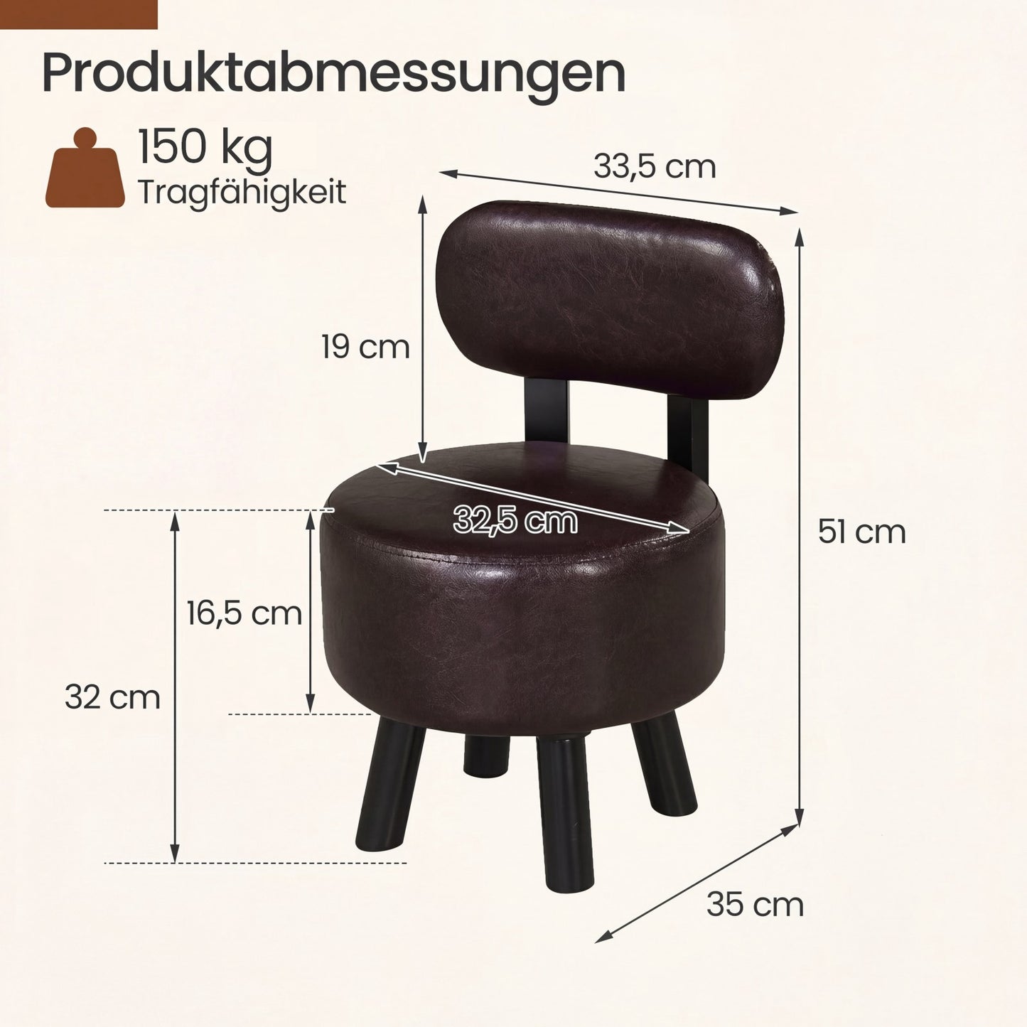 Set of 2 Brown Faux Leather Stools with Backrest, 150kg Capacity