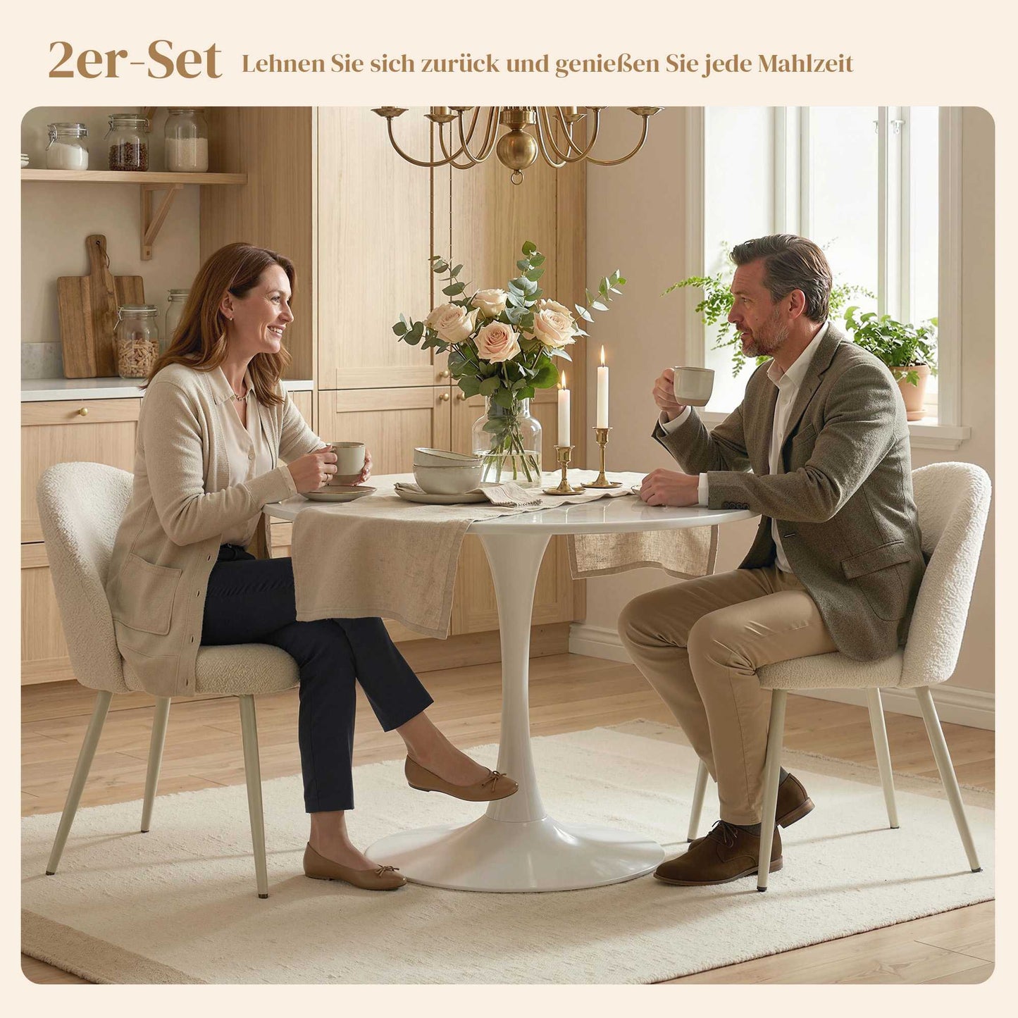 Set of 2 Cream Dining Chairs, Chenille Upholstery, 120kg Capacity