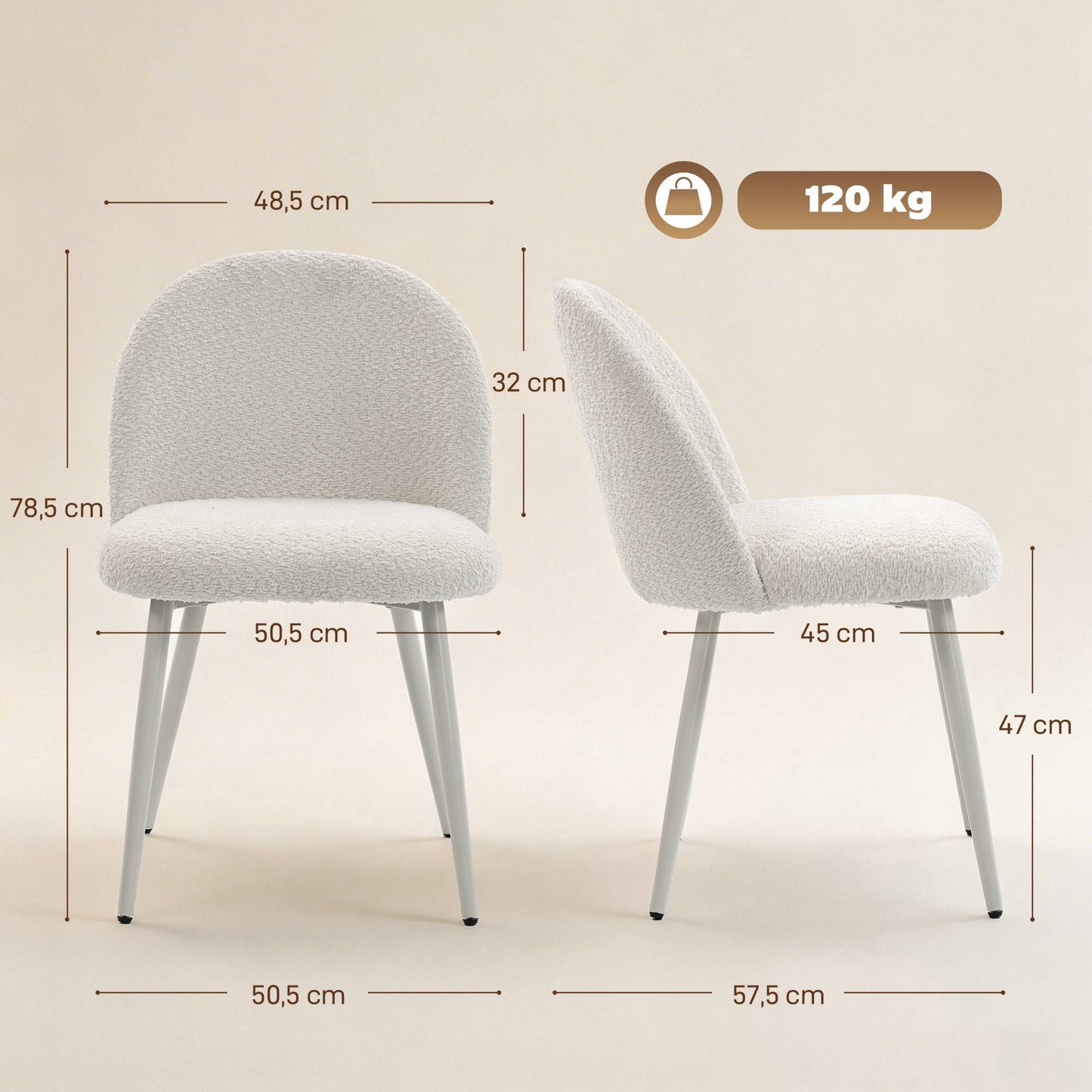 Set of 2 Cream Dining Chairs, Chenille Upholstery, 120kg Capacity