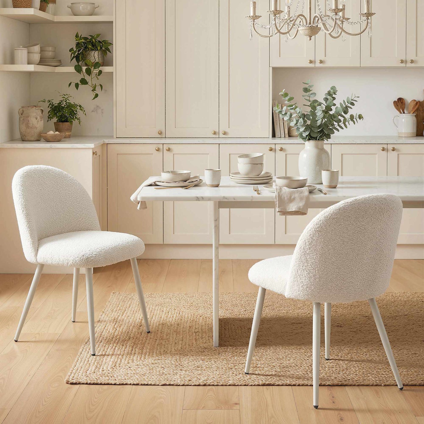 Set of 2 Cream Dining Chairs, Chenille Upholstery, 120kg Capacity