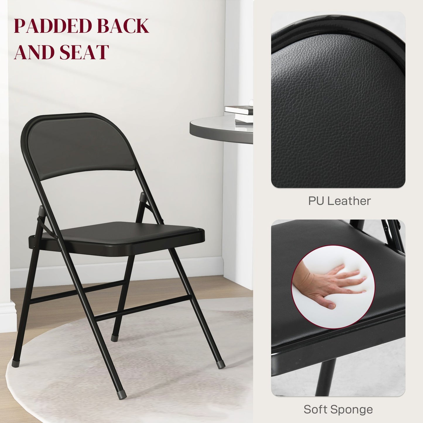 Portable black folding chair set in artificial leather, steel legs