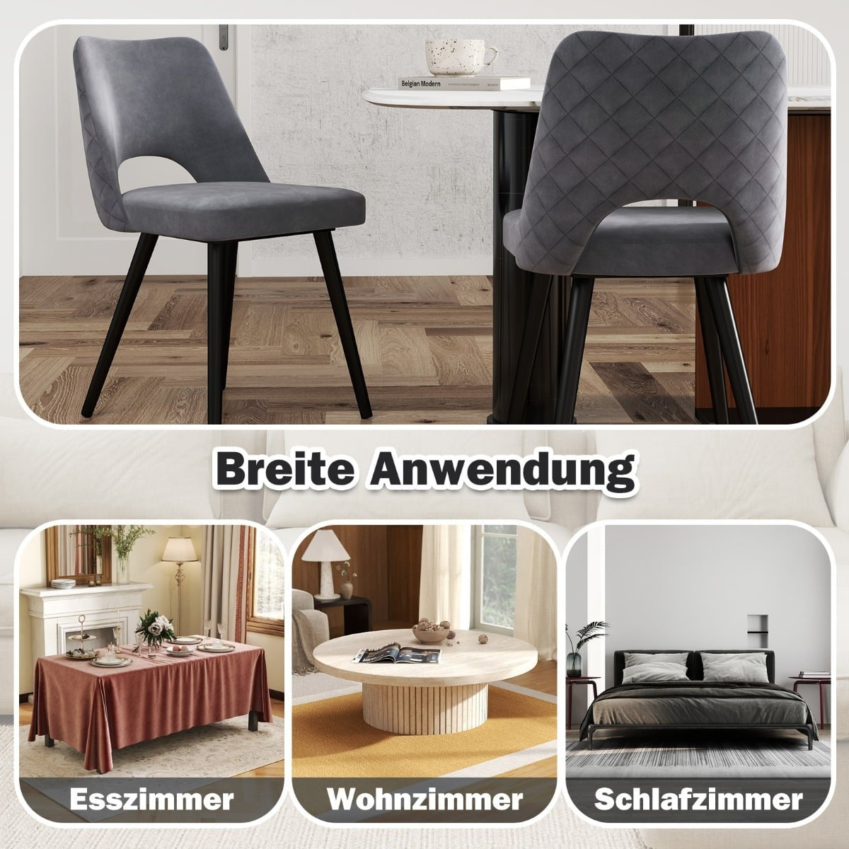 Set of 2 Gray Dining Chairs, Padded, 150kg Capacity