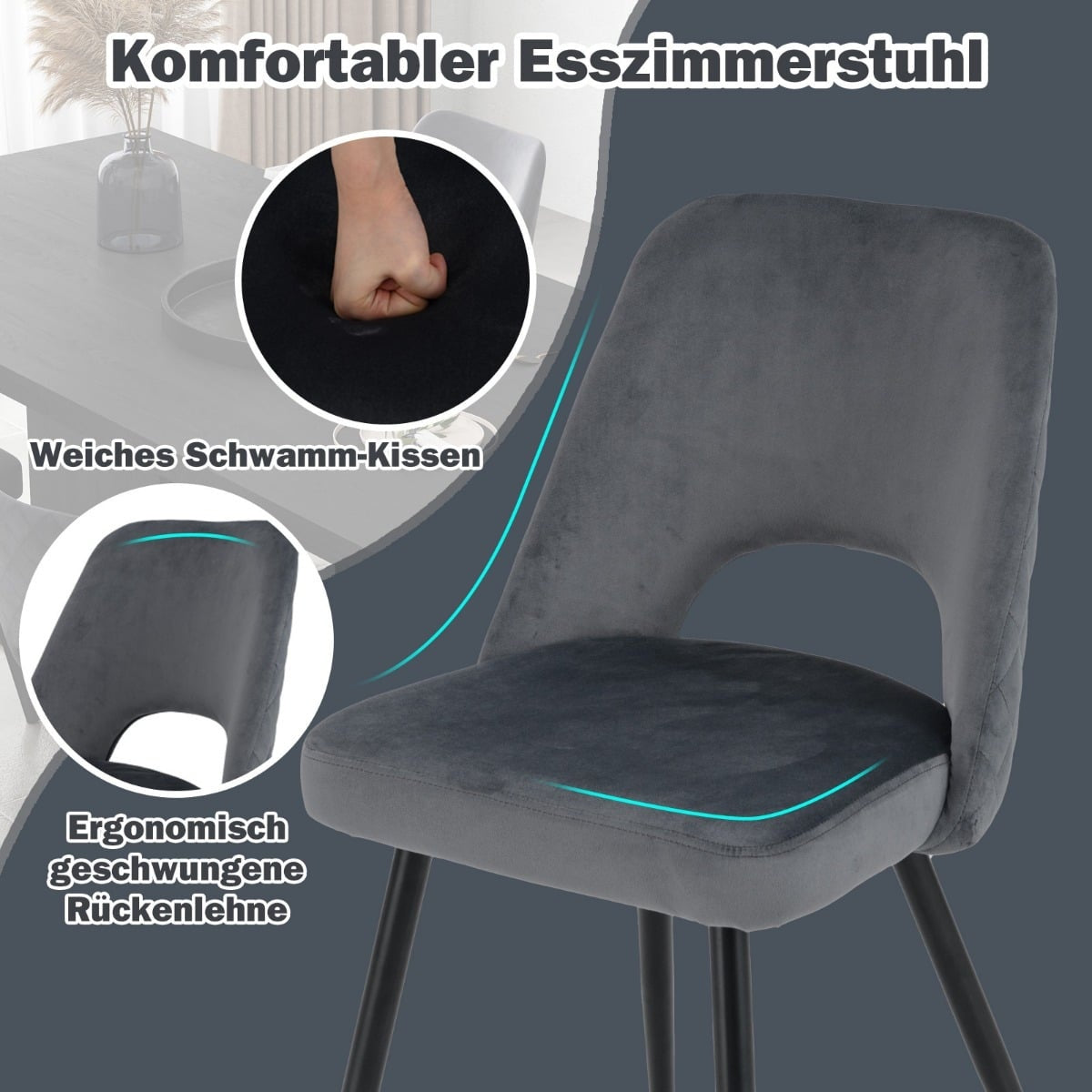 Set of 2 Gray Dining Chairs, Padded, 150kg Capacity