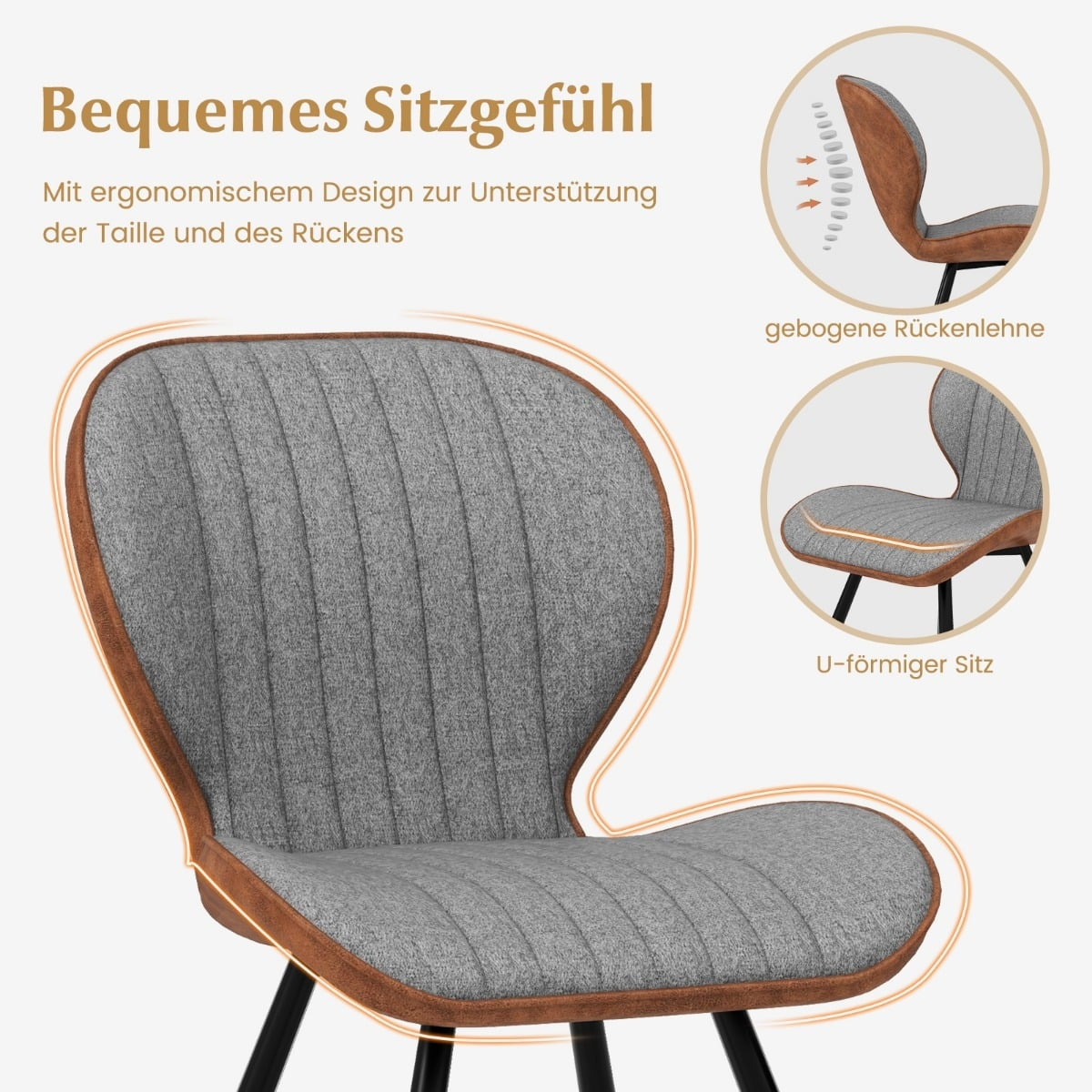Set of 2 Grey Dining Chairs, Padded, Curved Back, 150kg Capacity
