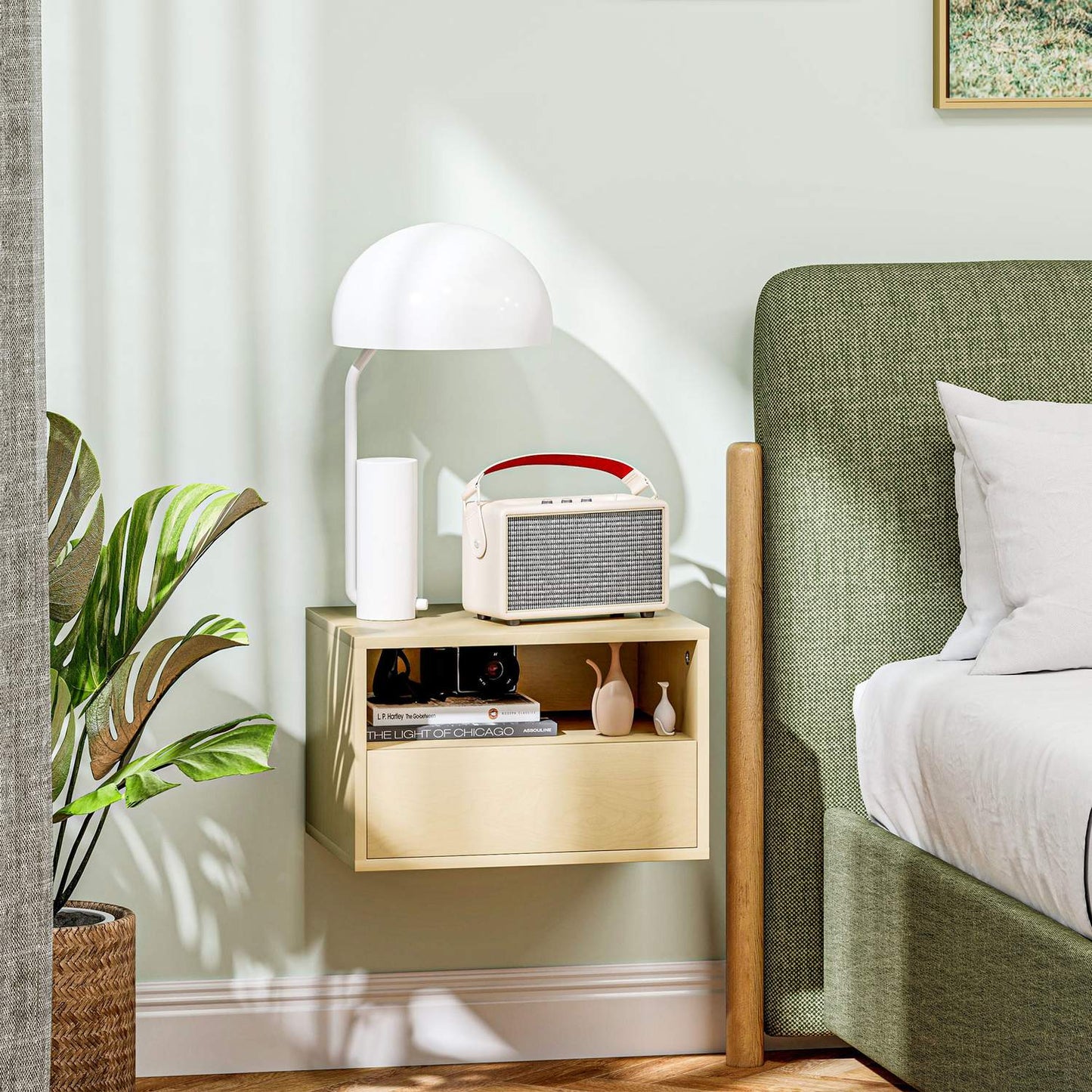 Floating bedside table - natural wood, drawer, shelf