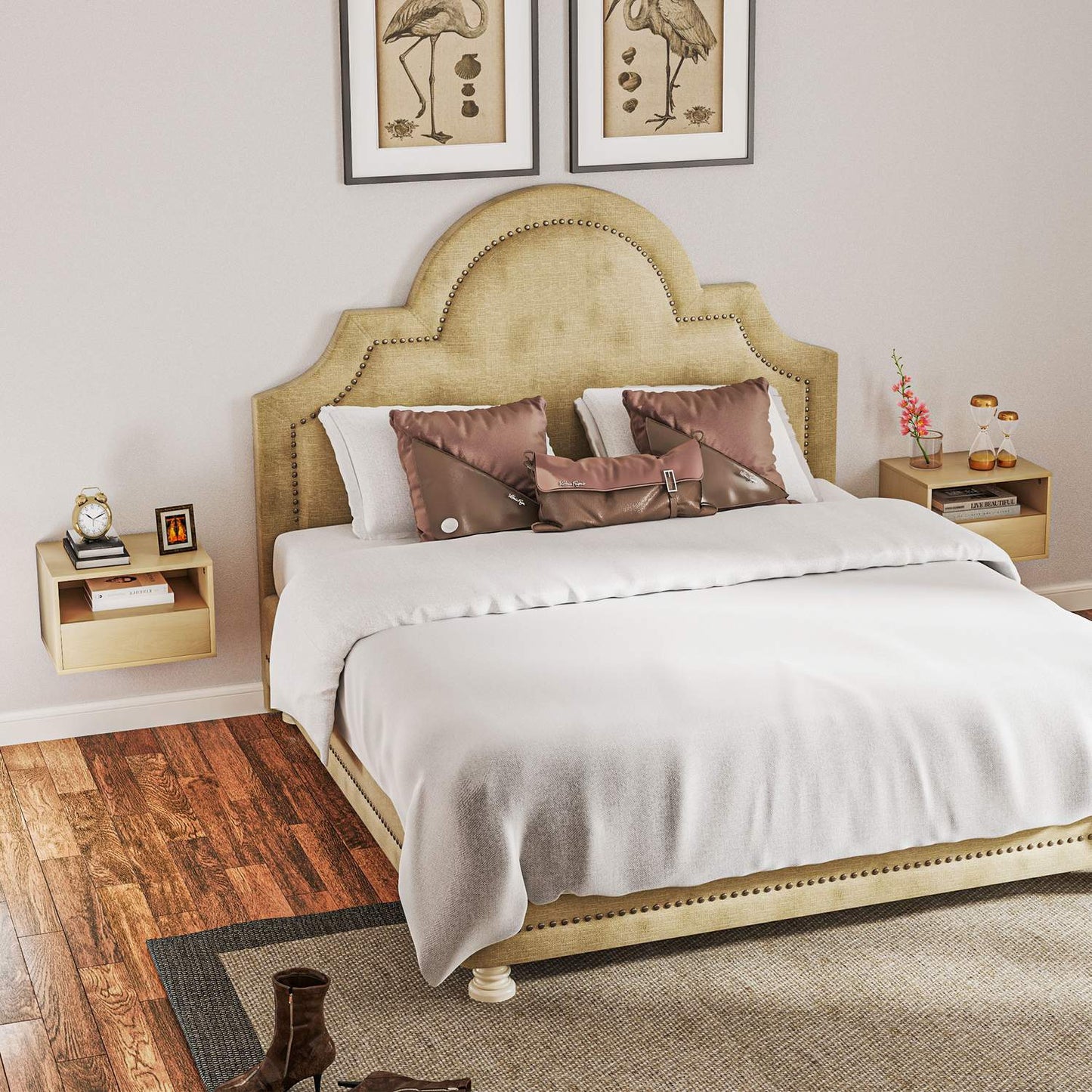 Floating bedside table - natural wood, drawer, shelf