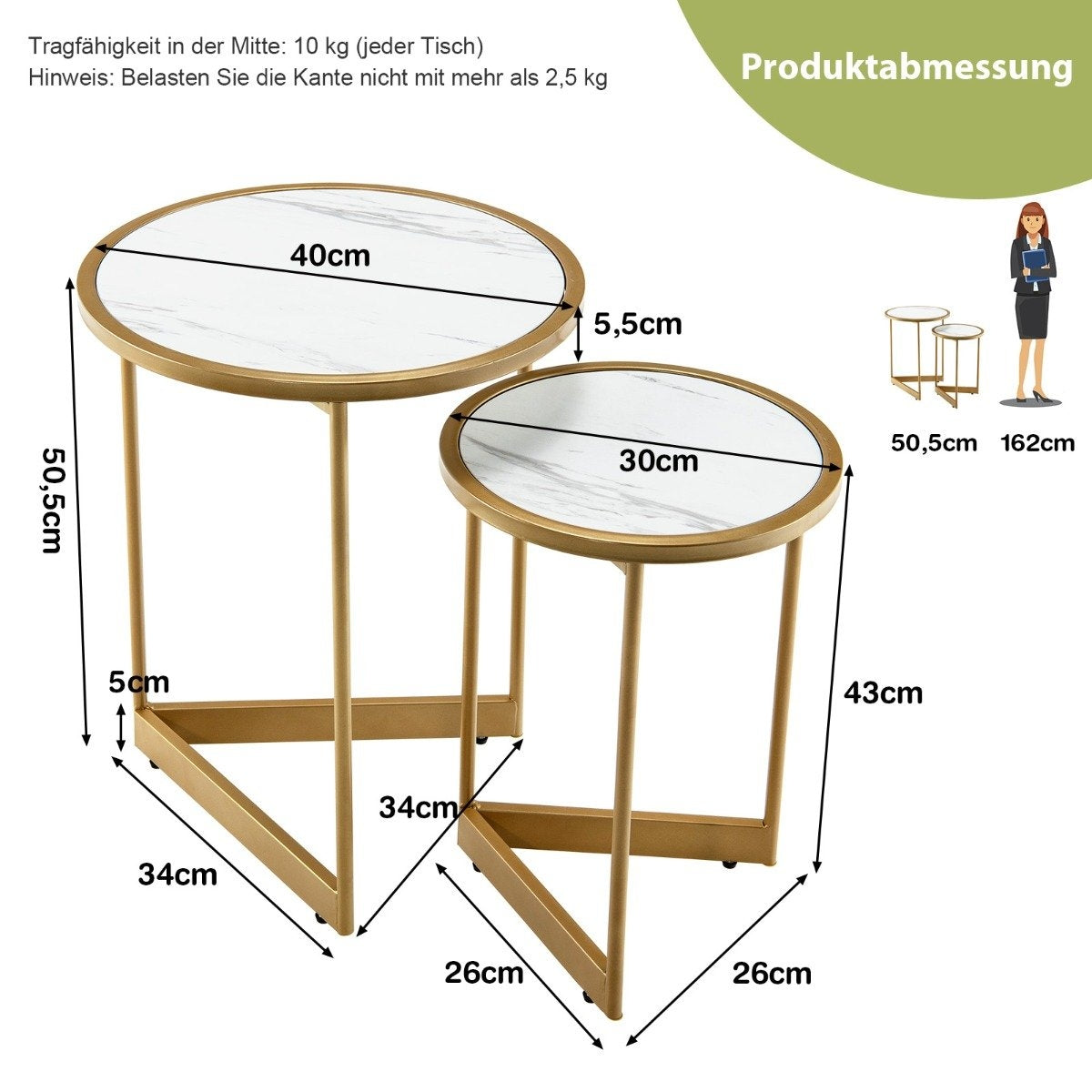 Set of 2 Marble Look Coffee Tables with Gold Metal Legs Modern Side Table