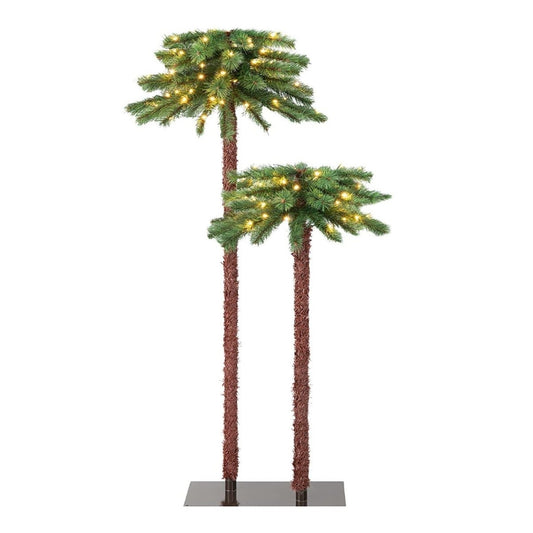 Set of 2 Pre-Lit Artificial Palm Christmas Tree with LED Lights 107+152.5cm Green