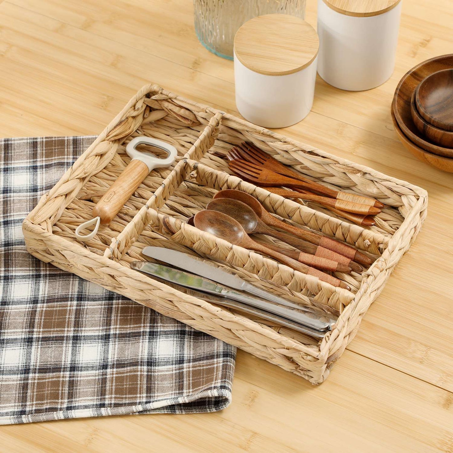 Woven Water Hyacinth Storage Baskets, Set of 2, Natural Wood