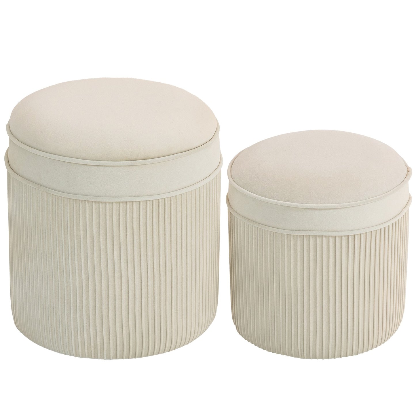 Set of 2 Storage Ottomans, Round Velvet, Cream, 36x36x41.5 cm