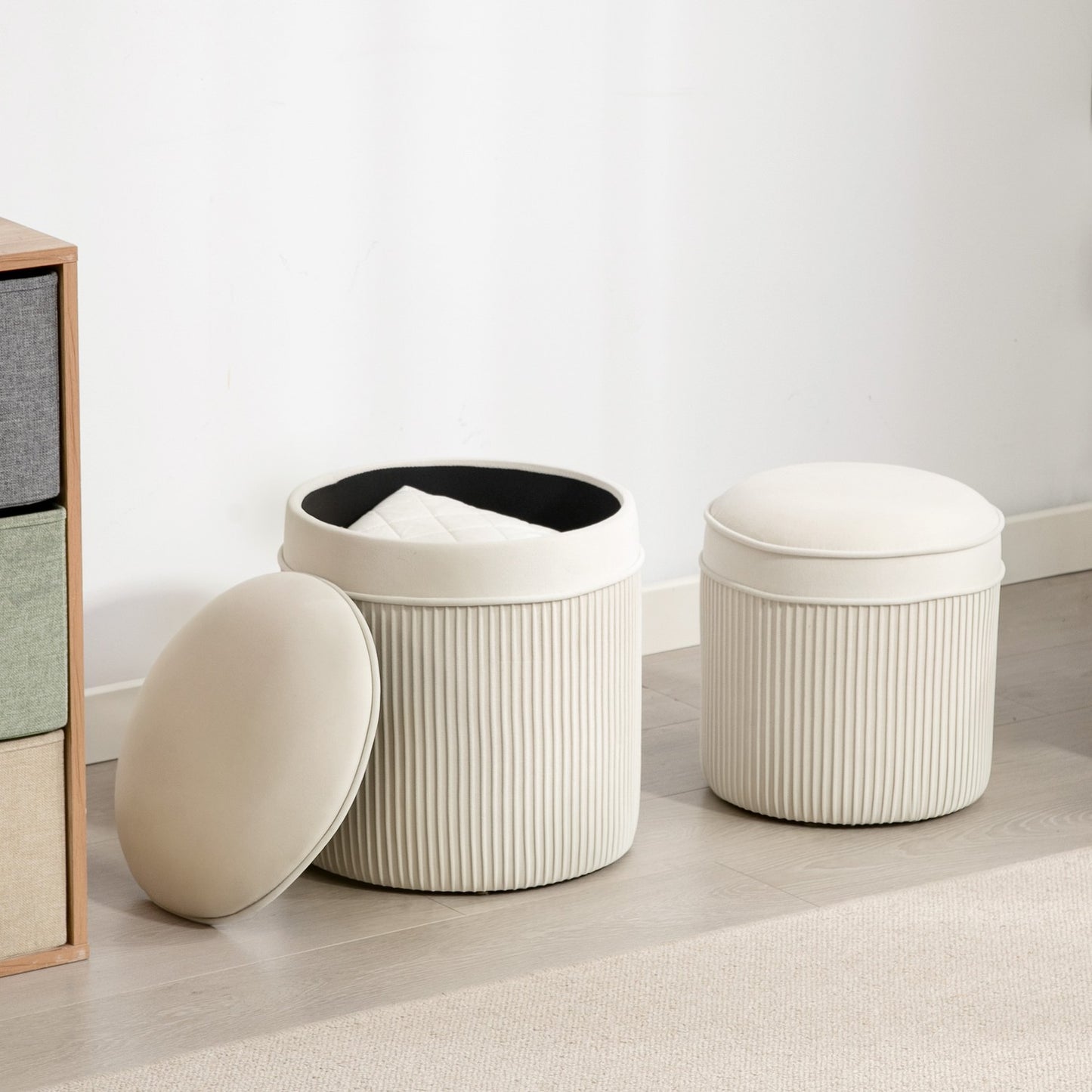 Set of 2 Storage Ottomans, Round Velvet, Cream, 36x36x41.5 cm