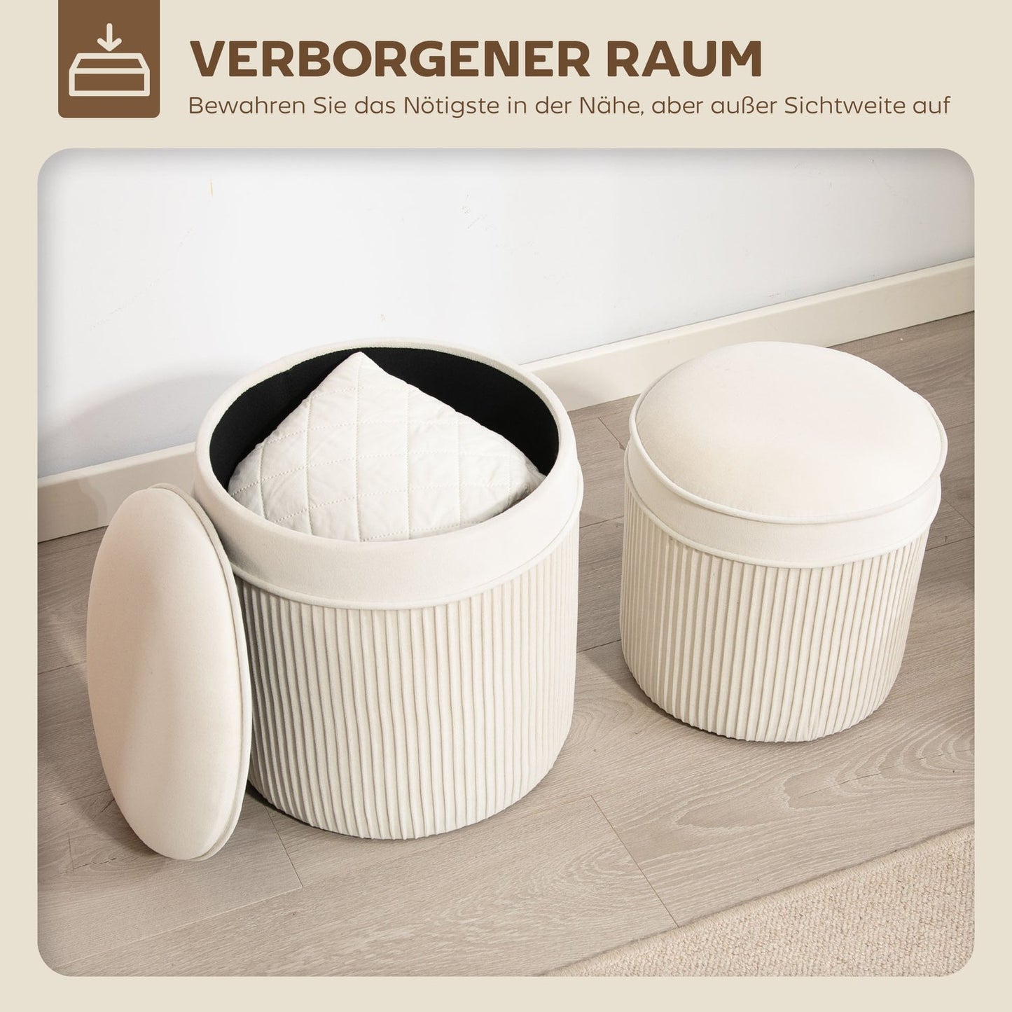 Set of 2 Storage Ottomans, Round Velvet, Cream, 36x36x41.5 cm