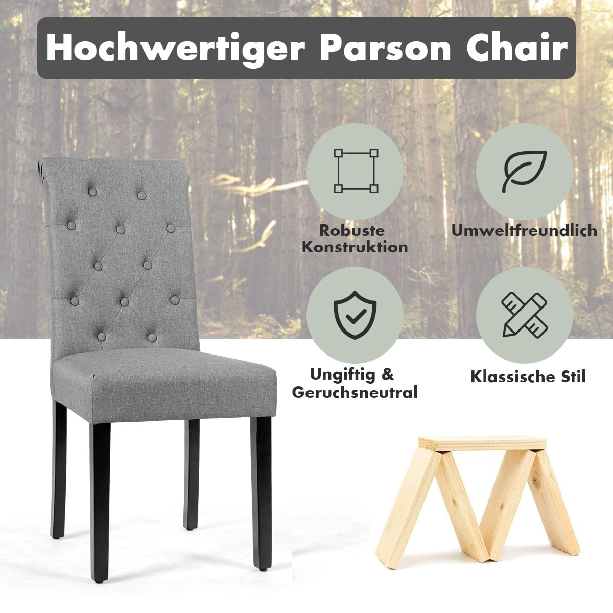 Set of 2 Upholstered Dining Chairs, Grey Linen, Rubberwood Legs