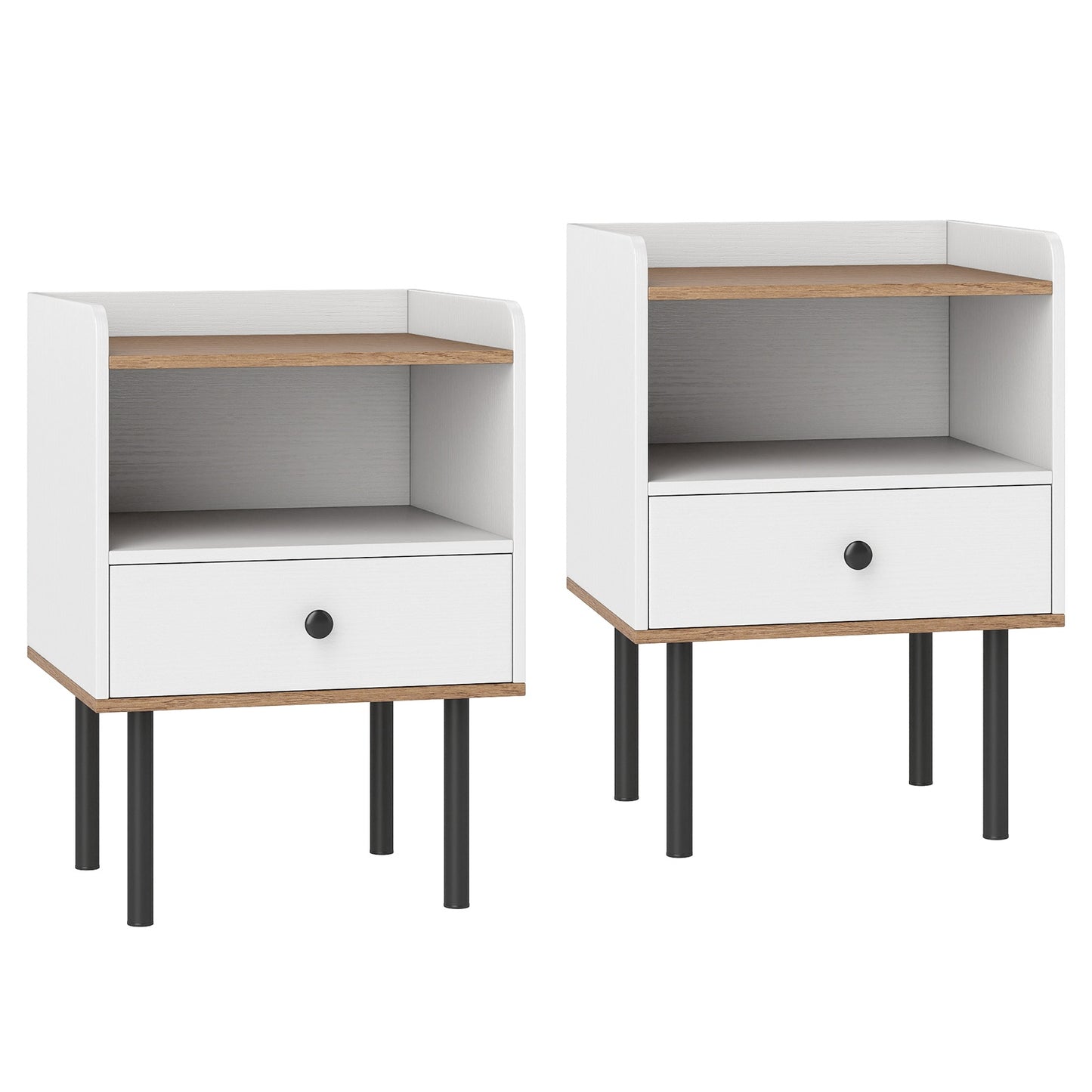 Set of 2 White Nightstands with Drawer & Open Shelf