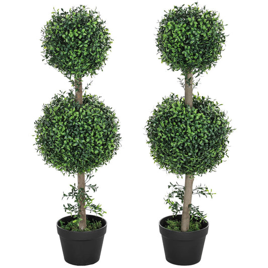 Set of 2 artificial plants, artificial boxwood plants, UV-protected, with pot, green