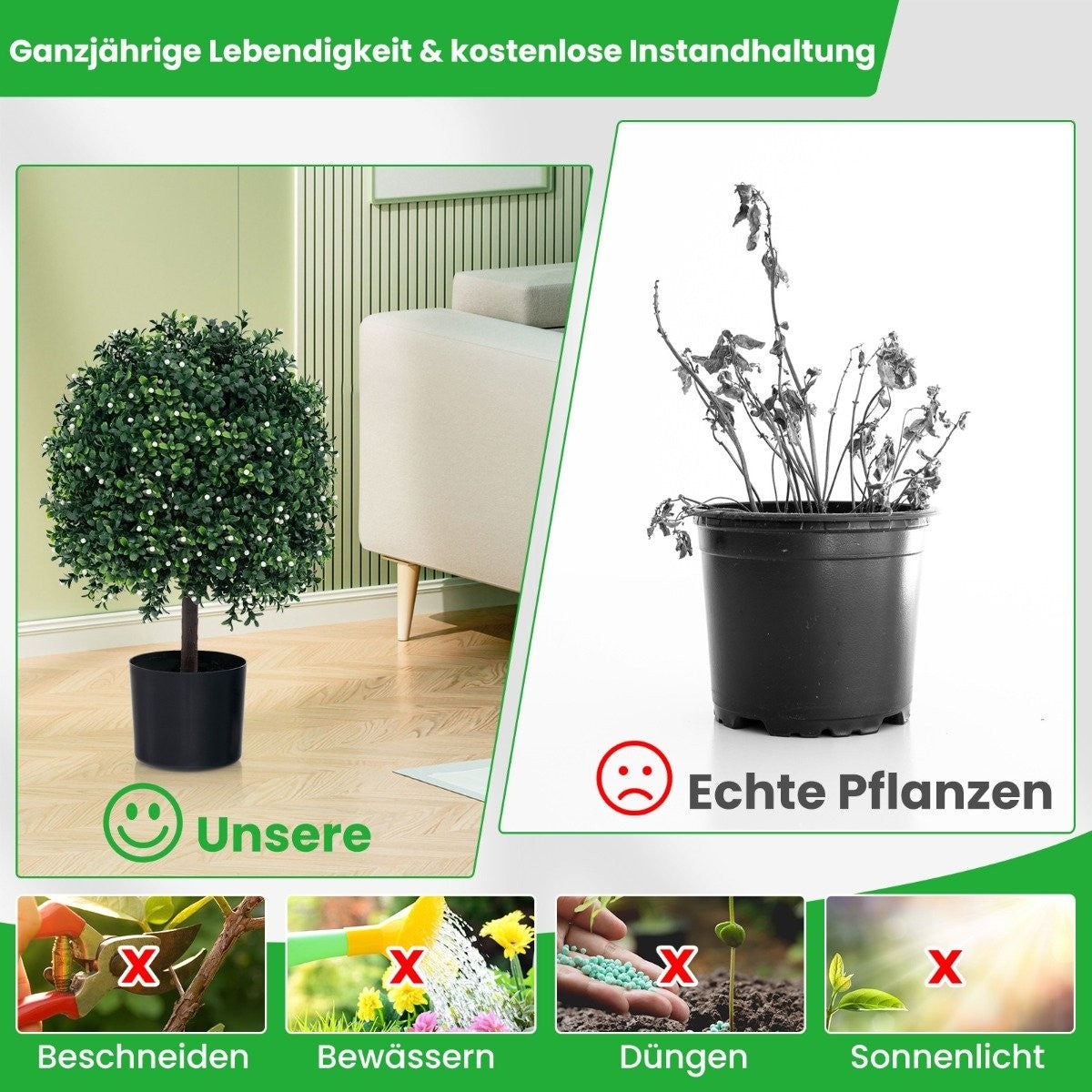 Set of 2 artificial topiary trees in ball shape with UV-protected leaves and fruits