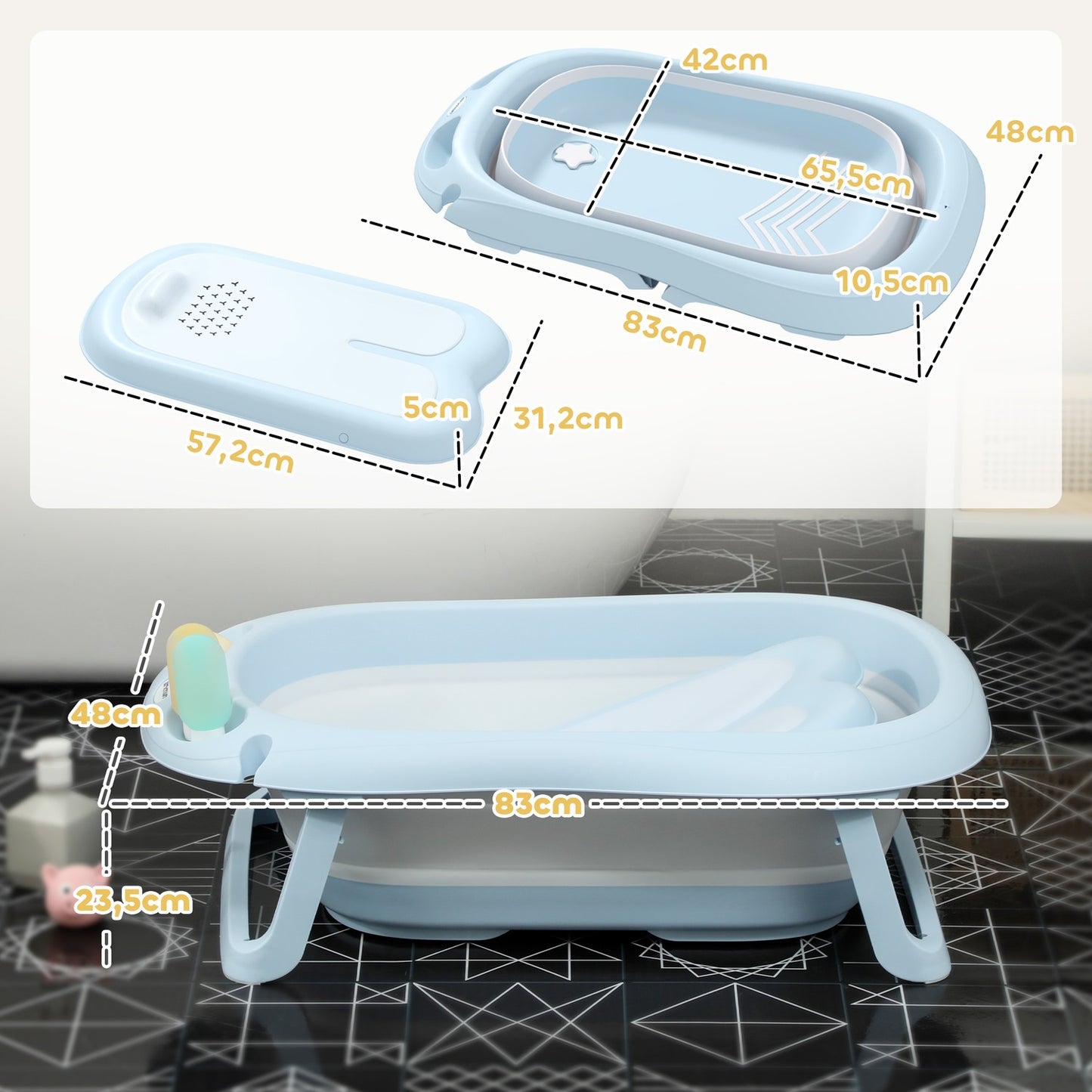 Foldable non-slip baby bathtub set, light blue, for toddlers