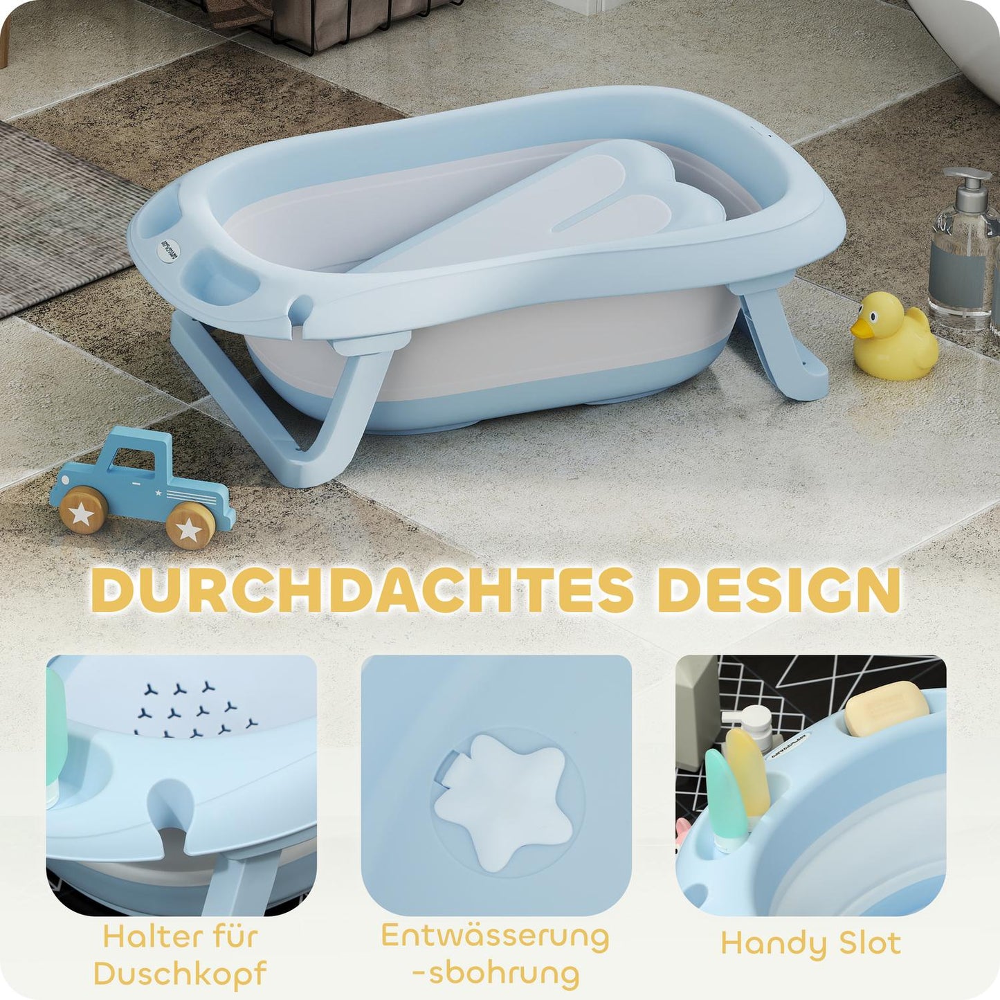 Foldable non-slip baby bathtub set, light blue, for toddlers