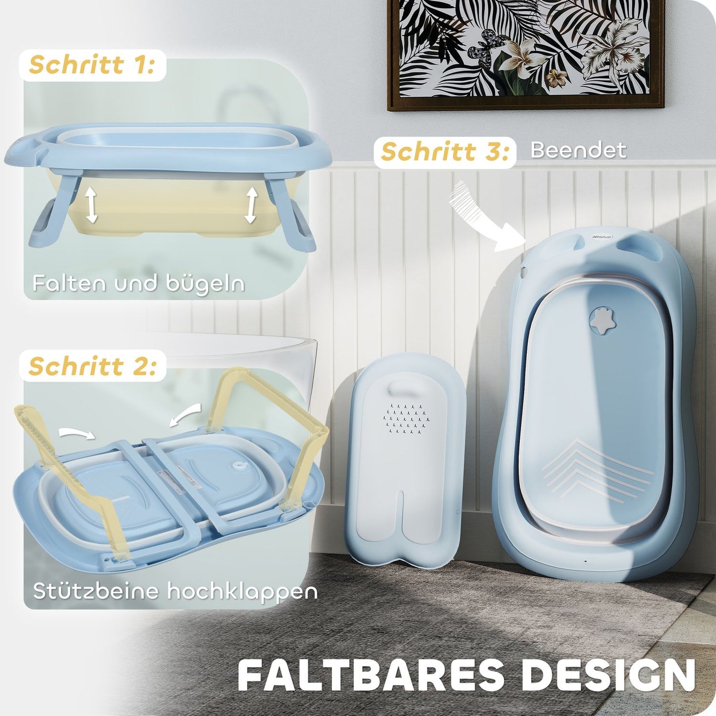 Foldable non-slip baby bathtub set, light blue, for toddlers